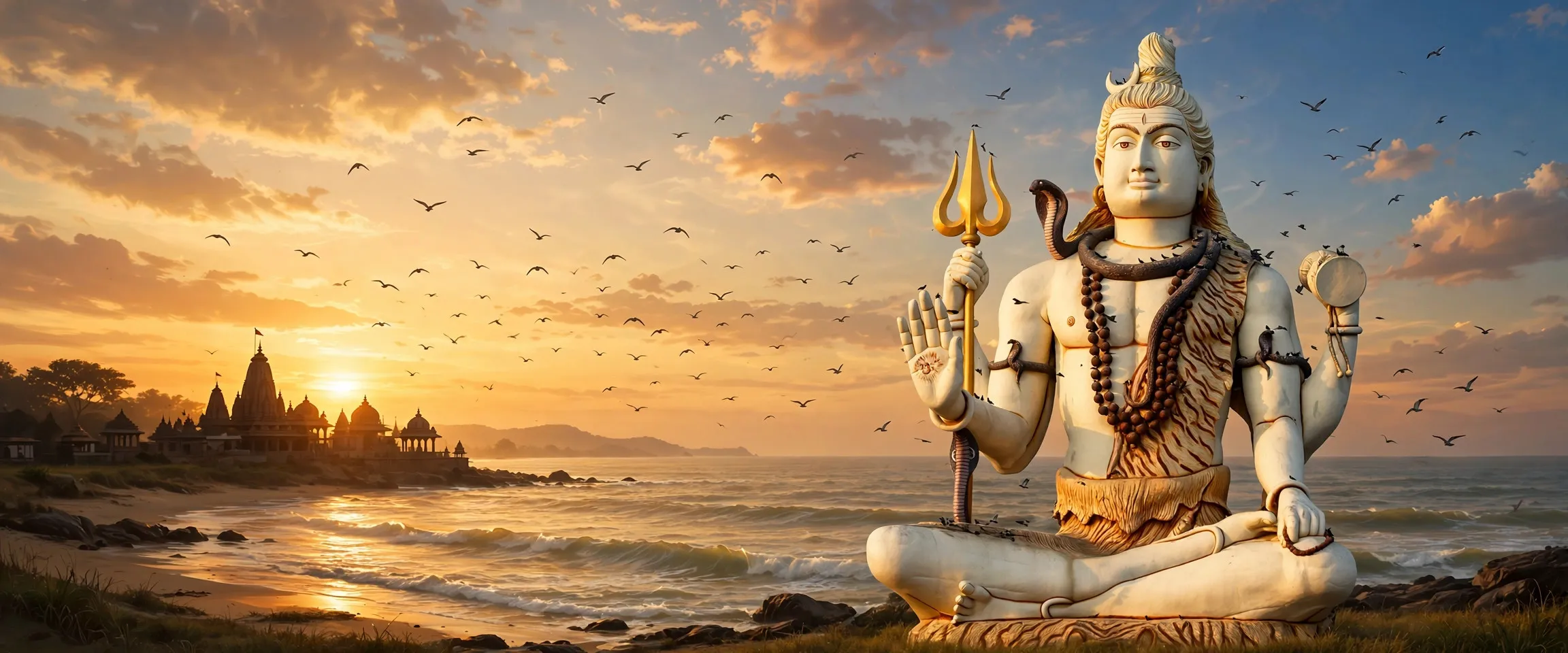 AI-generated editorial design for Jugti, incorporating original photograph of the Shiva statue at Nageshwar Mahadev Temple, Dwarka by Prof Ranga Sai (CC BY-SA 4.0)