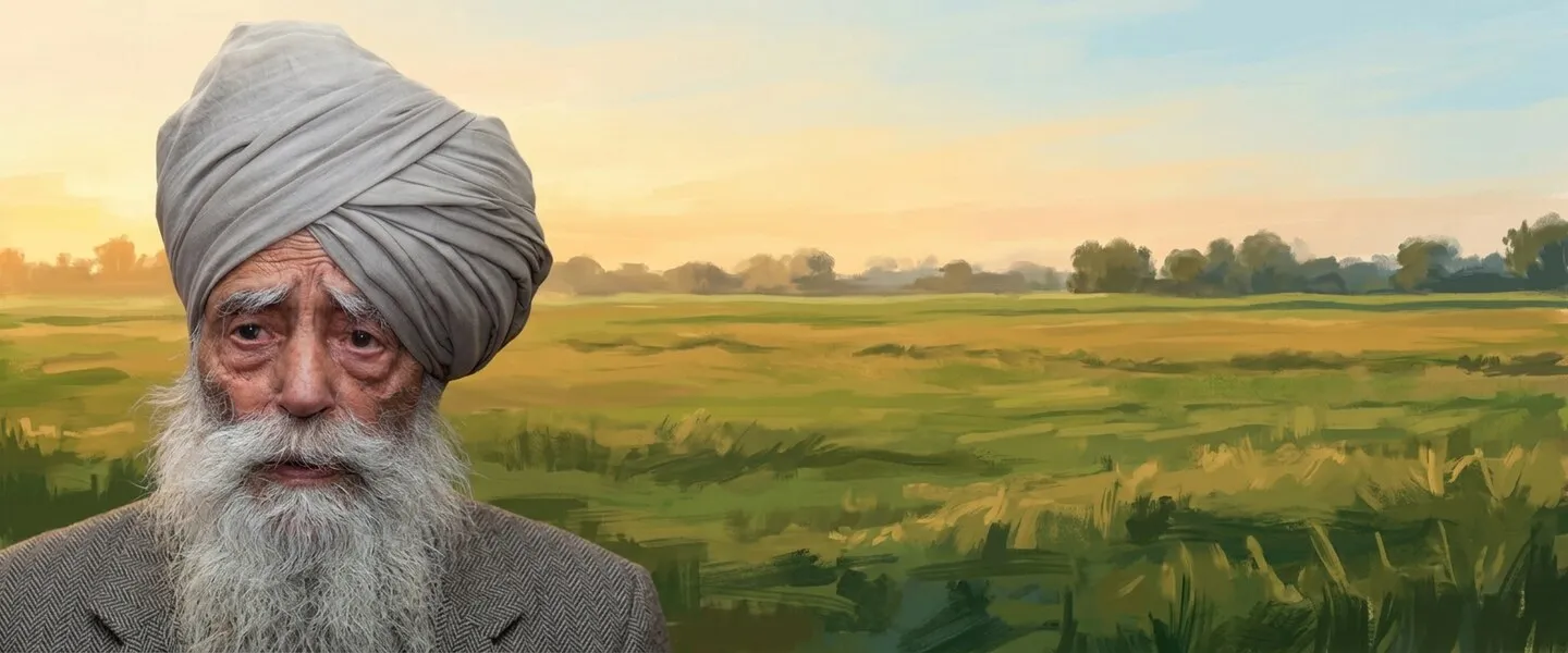 AI-generated editorial design for Jugti, incorporating original photograph of Fauja Singh by HiraV (CC BY-SA 3.0)