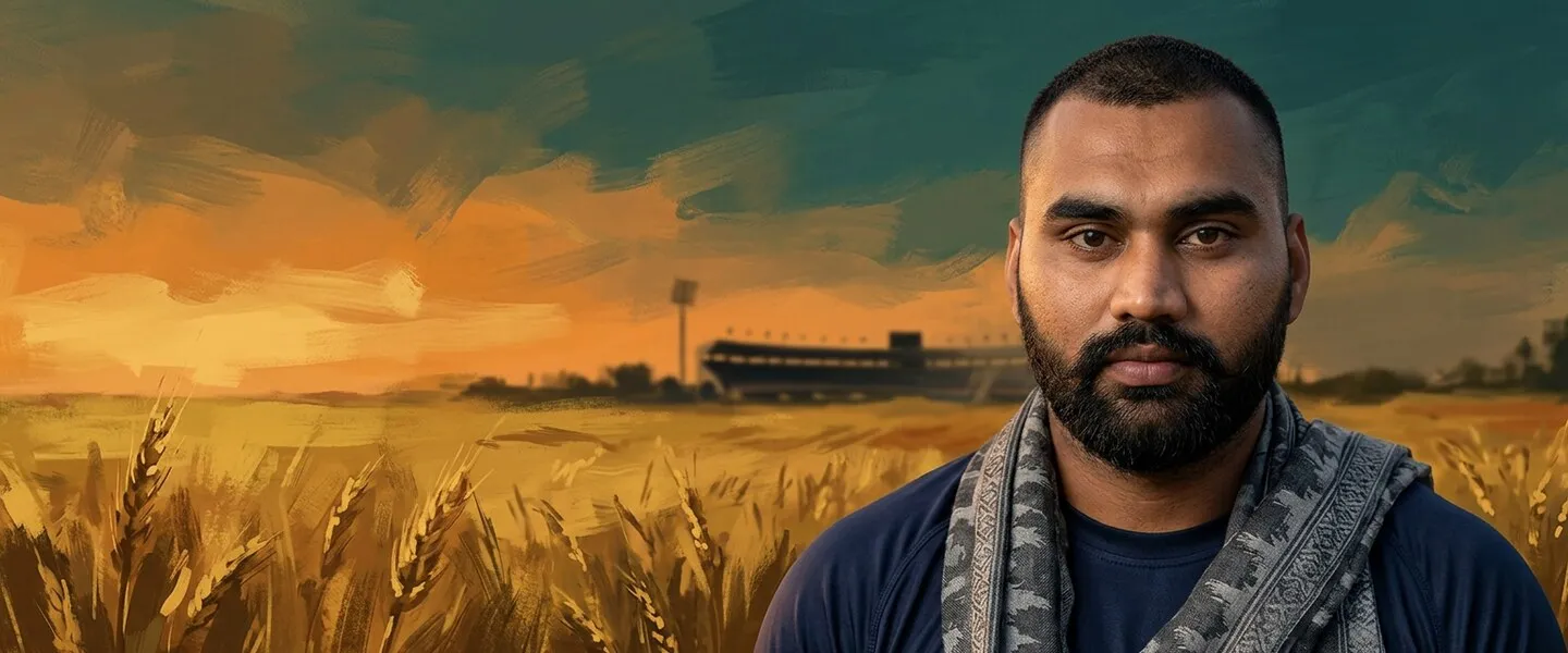 AI-generated editorial design for Jugti, incorporating original photograph of Tajinderpal Singh Toor by Athletics Federation of India (CC BY-SA 4.0)
