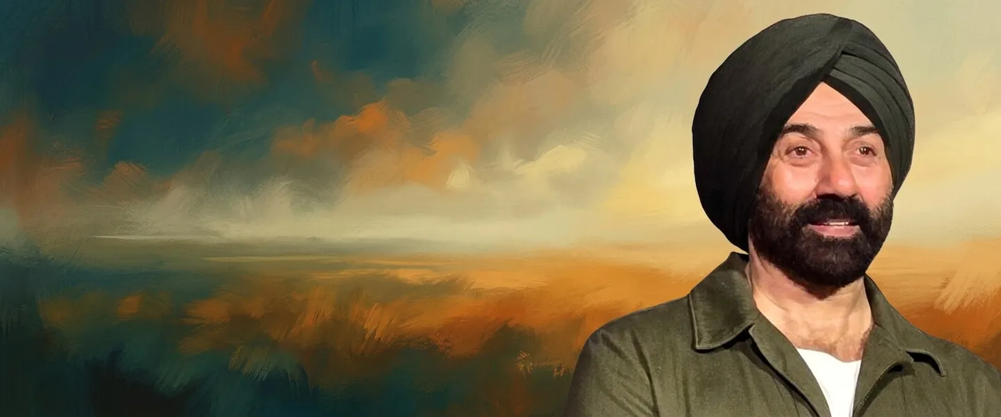 AI-generated editorial design for Jugti, incorporating original photograph of Sunny Deol by Iamvansh27 (CC0)
