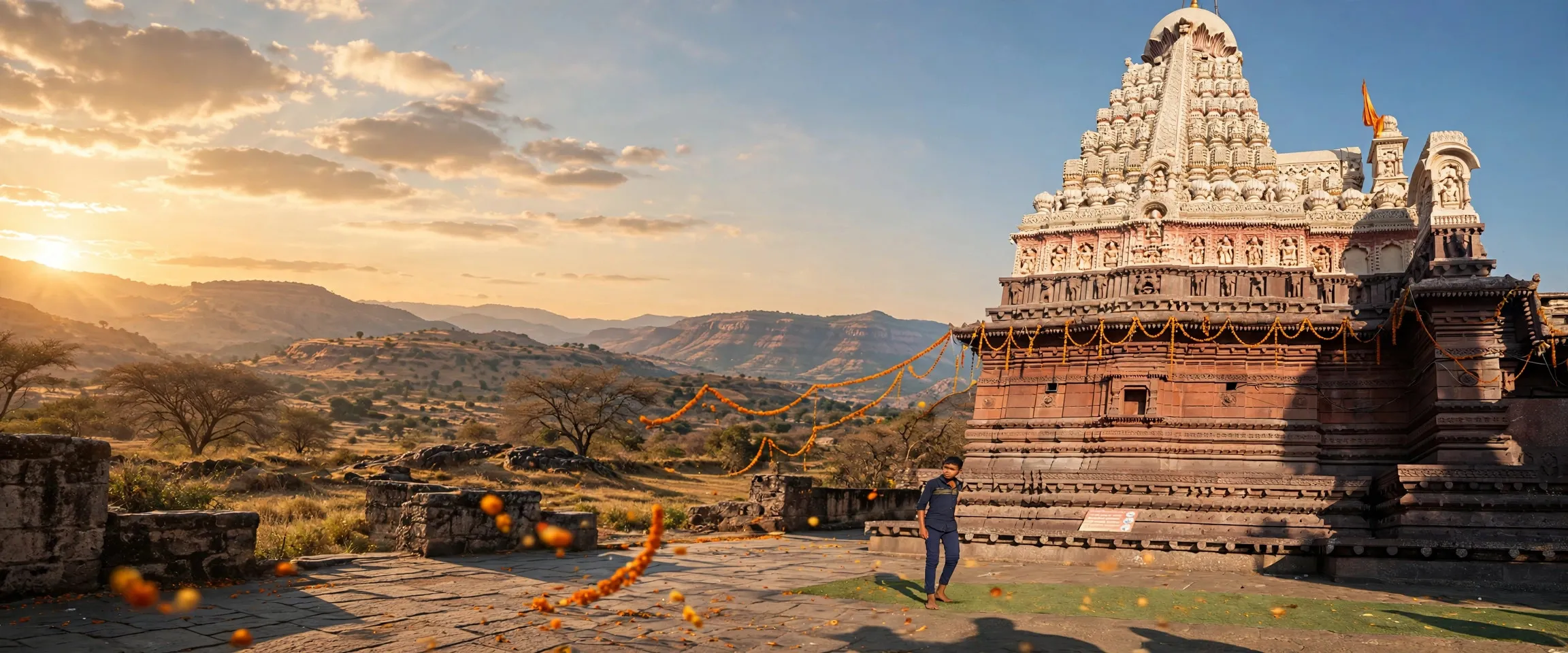 AI-generated editorial design for Jugti, incorporating original photograph of Grishneshwar Temple by K.Venkataramana (CC0)