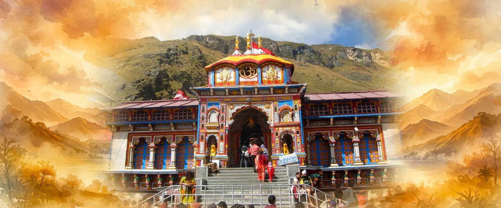AI-generated editorial design for Jugti, incorporating original photograph of Badrinath Temple by Saugatadas1 (CC BY-SA 3.0)