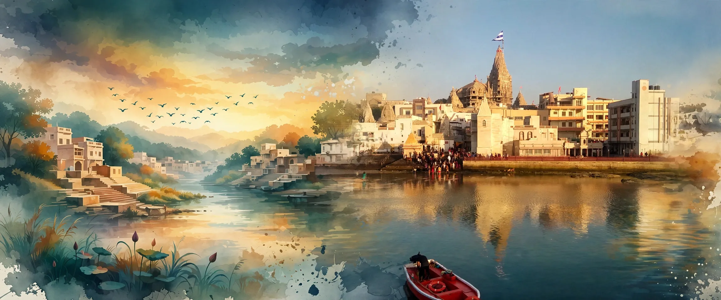 AI-generated editorial design for Jugti, incorporating original photograph of Dwarkadhish Temple by Kridha20 (CC BY-SA 4.0)