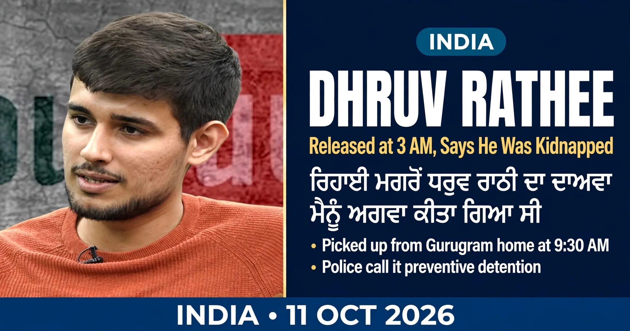 AI-generated editorial design for Jugti, incorporating original photograph of Dhruv Rathee by NewsClickin (CC BY 3.0)