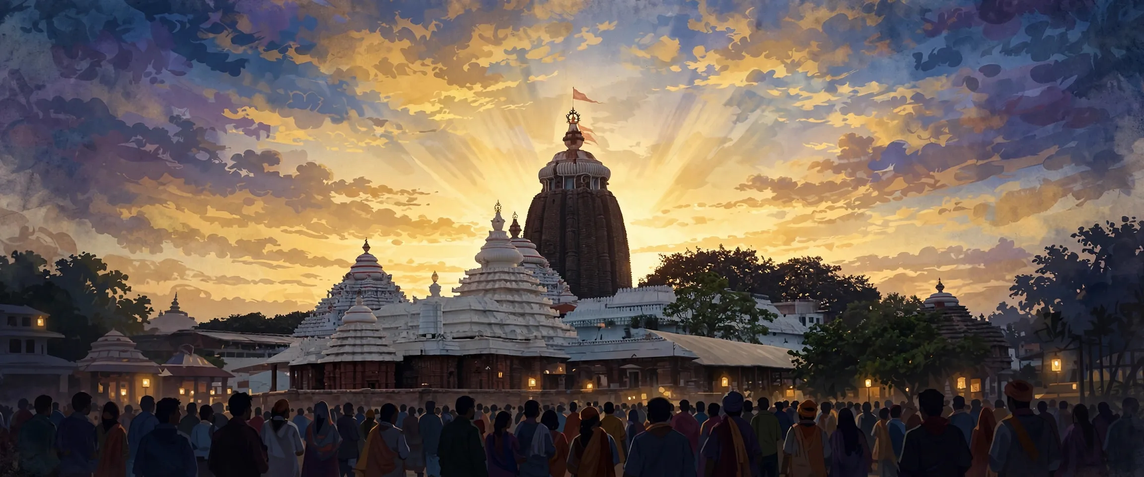 AI-generated editorial design for Jugti, incorporating original photograph of Jagannath Temple, Puri by Hellohappy (CC BY-SA 4.0)