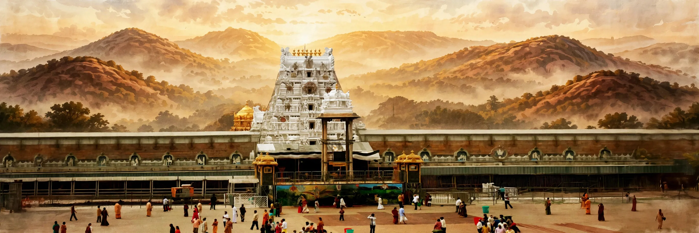 AI-generated editorial design for Jugti, incorporating original photograph of Venkateswara Temple, Tirumala by Adityamadhav83 (CC BY-SA 3.0)