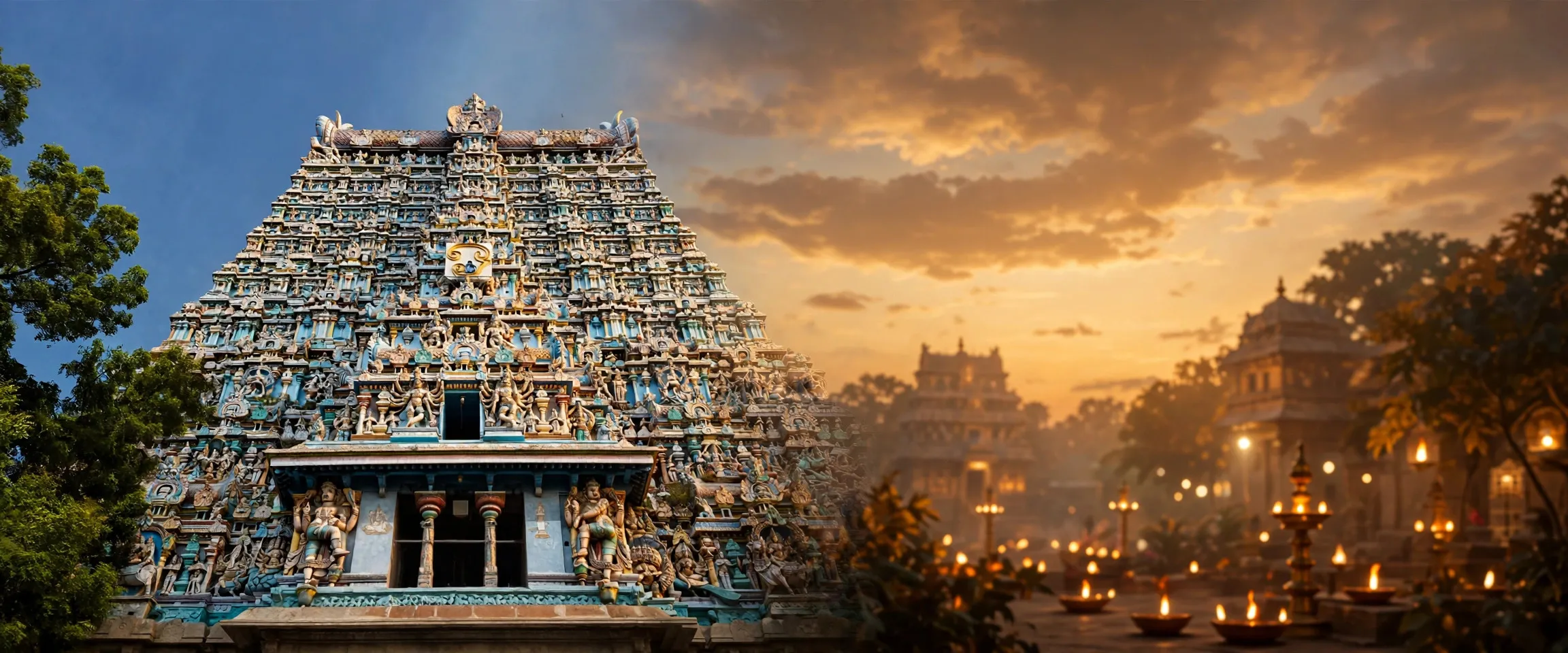 AI-generated editorial design for Jugti, incorporating original photograph of Meenakshi Amman Temple, Madurai by Richard Mortel (CC BY 2.0)