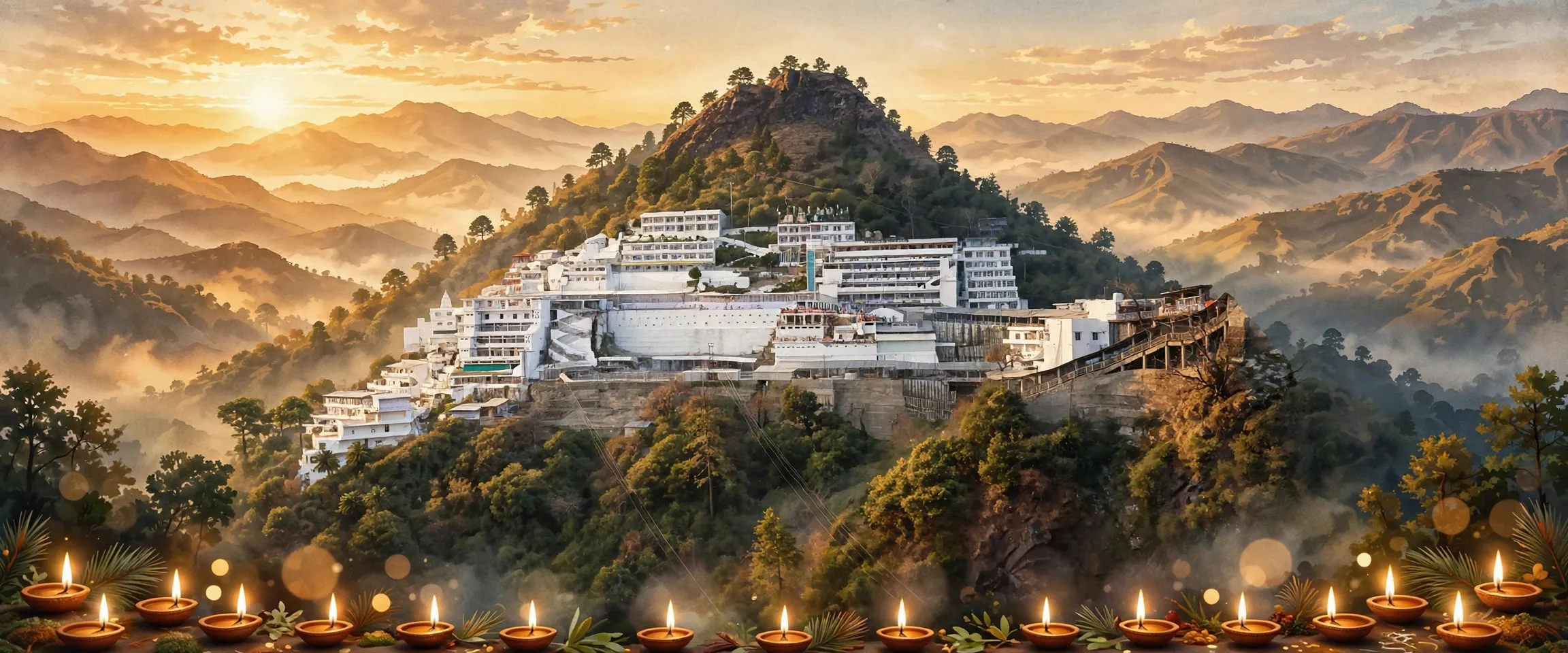 AI-generated editorial design for Jugti, incorporating original photograph of Vaishno Devi Bhawan, Katra by Rishabhvyadav (CC BY-SA 4.0)