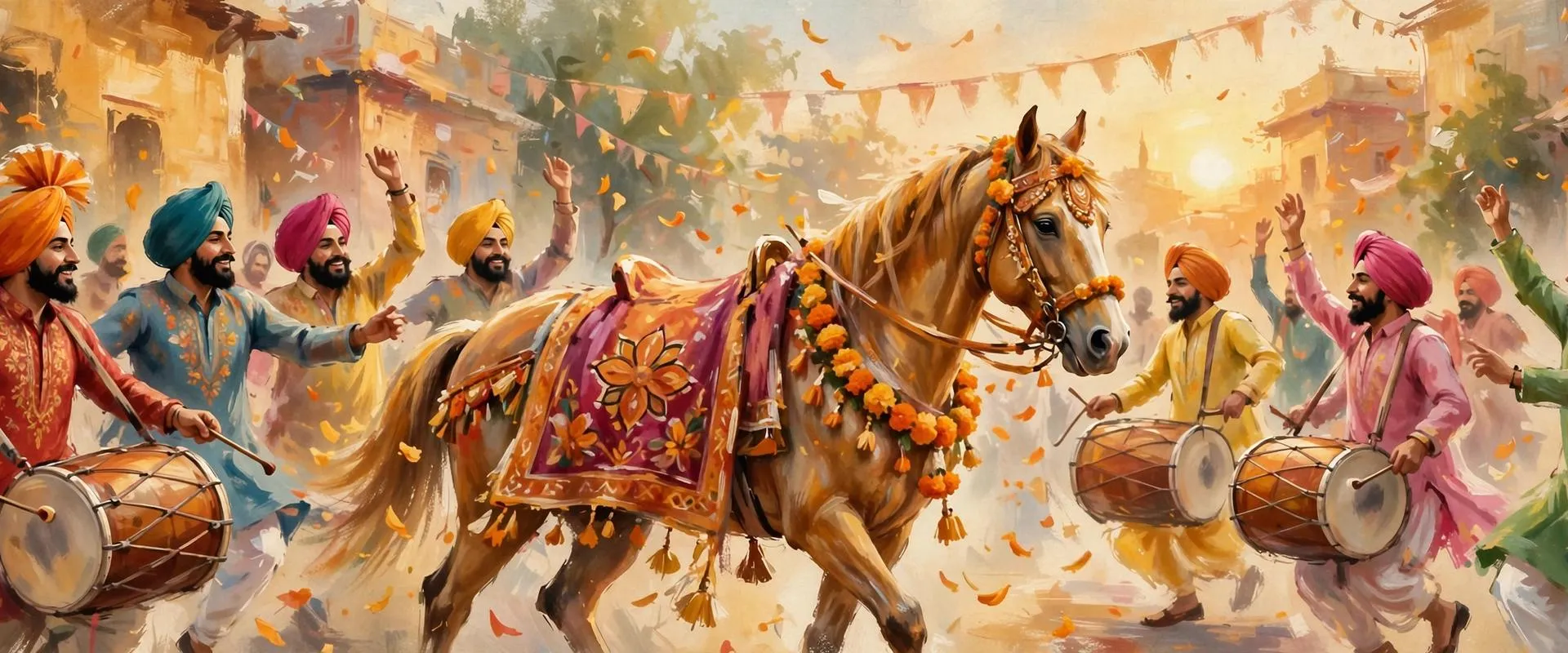 Warm painterly illustration of a Punjabi wedding procession with a decorated mare and dhol players