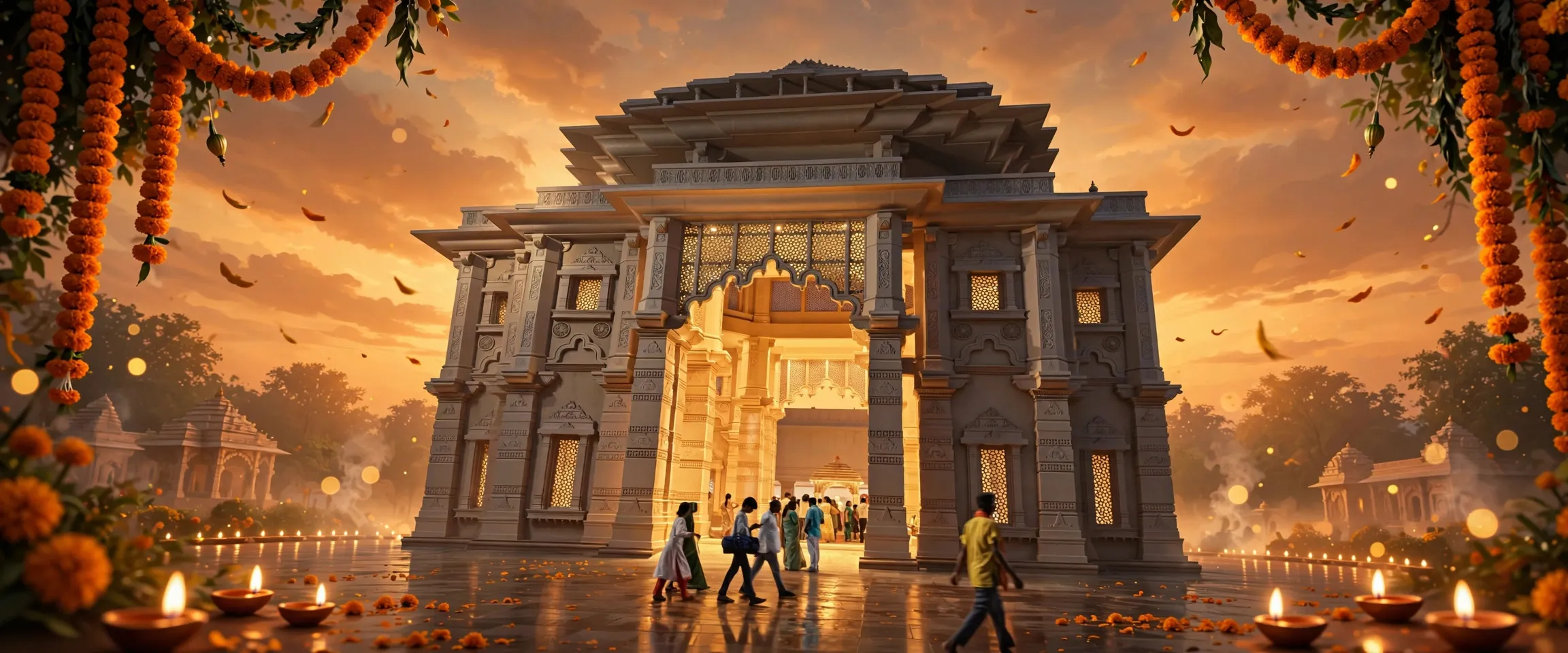 AI-generated editorial design for Jugti, incorporating original photograph of the illuminated gateway inside the Shri Ram Janmabhoomi Mandir complex, Ayodhya by Gamerzer (CC BY-SA 4.0)