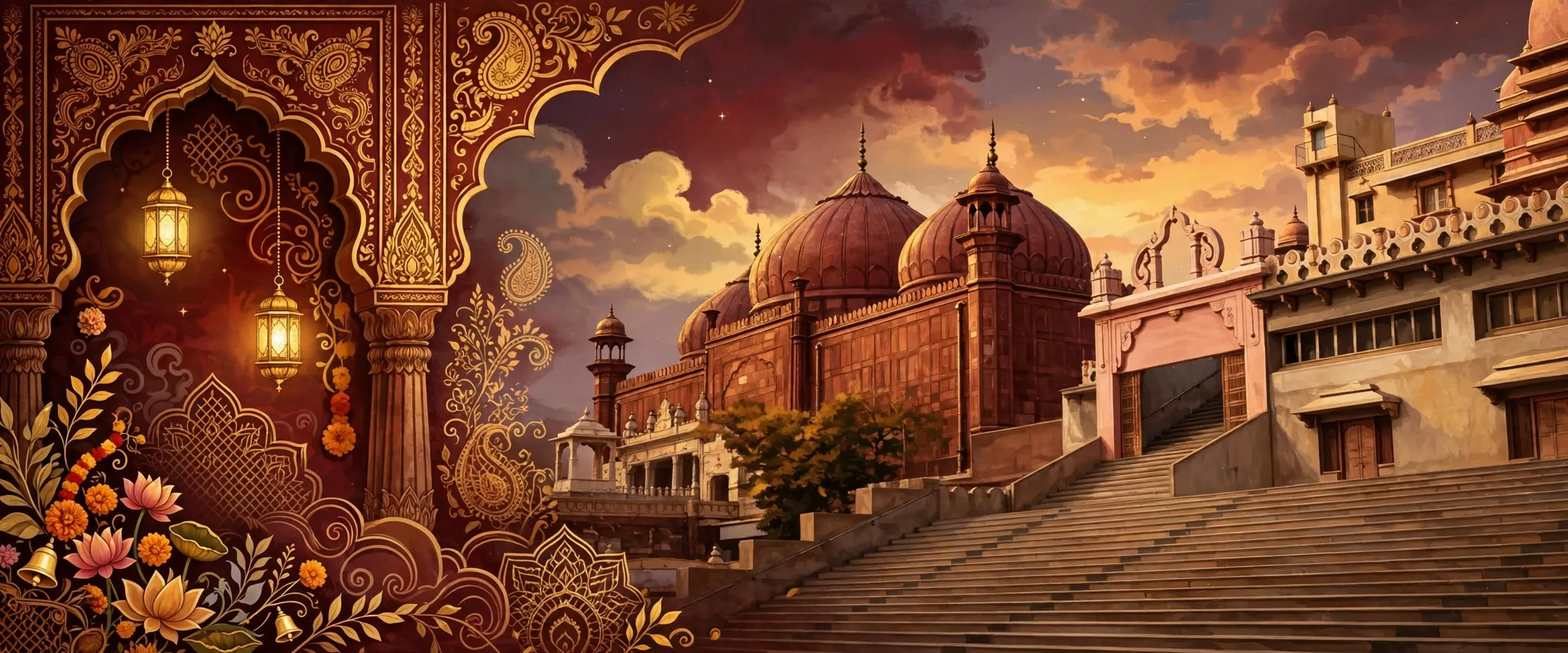 AI-generated editorial design for Jugti, incorporating original photograph of the Krishna Janmasthan complex by Bhadani (CC BY-SA 3.0)