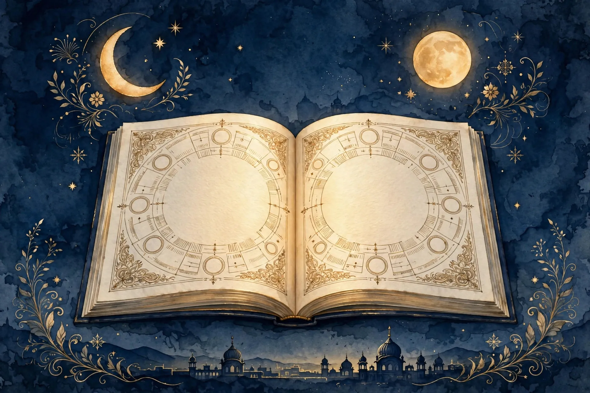 AI-generated illustration for Jugti: open Nanakshahi almanac under crescent and full moon with gurdwara domes on the horizon