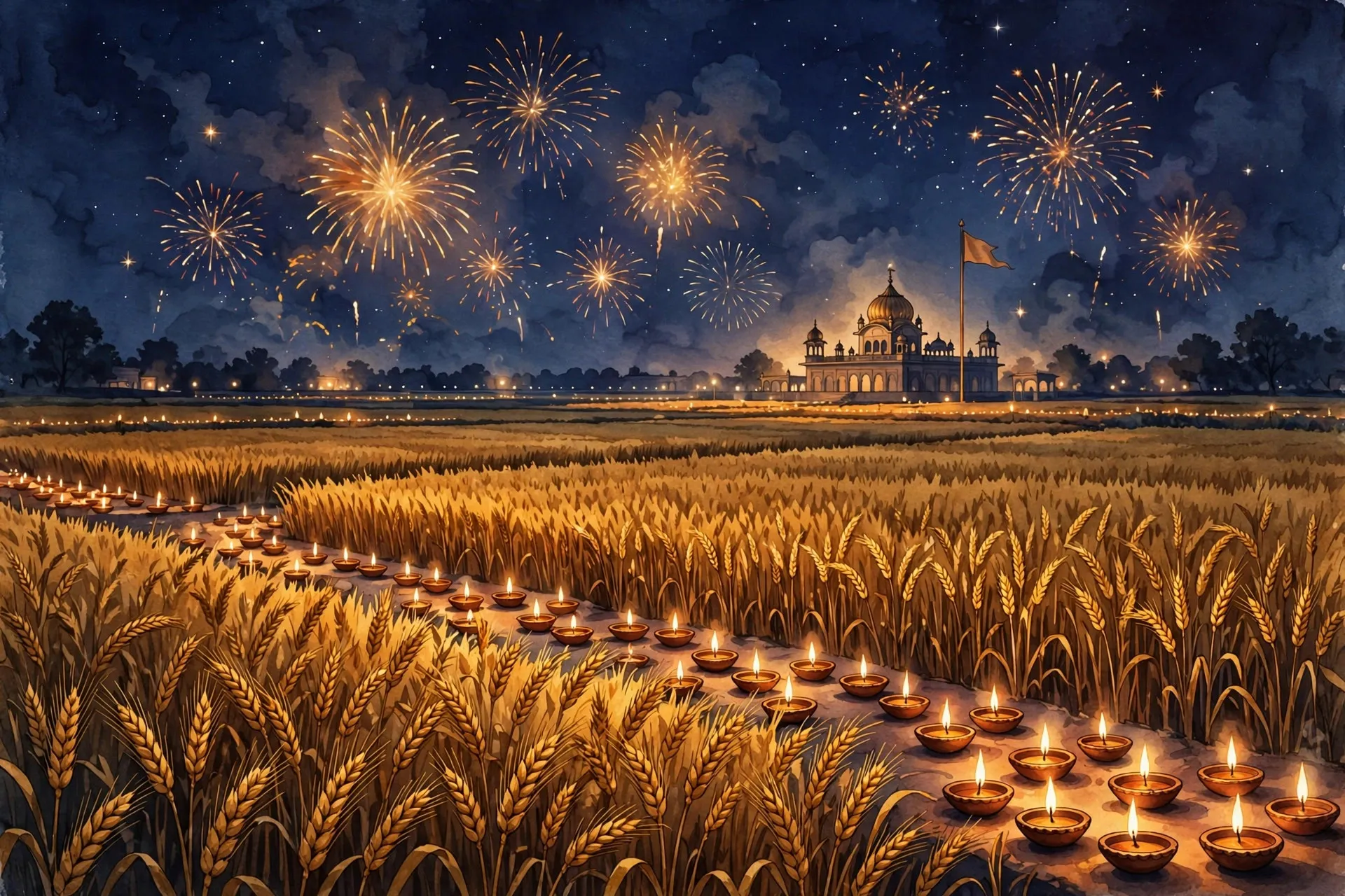 AI-generated illustration for Jugti: Bandi Chhor Divas night with diyas and fireworks over Punjab wheat fields