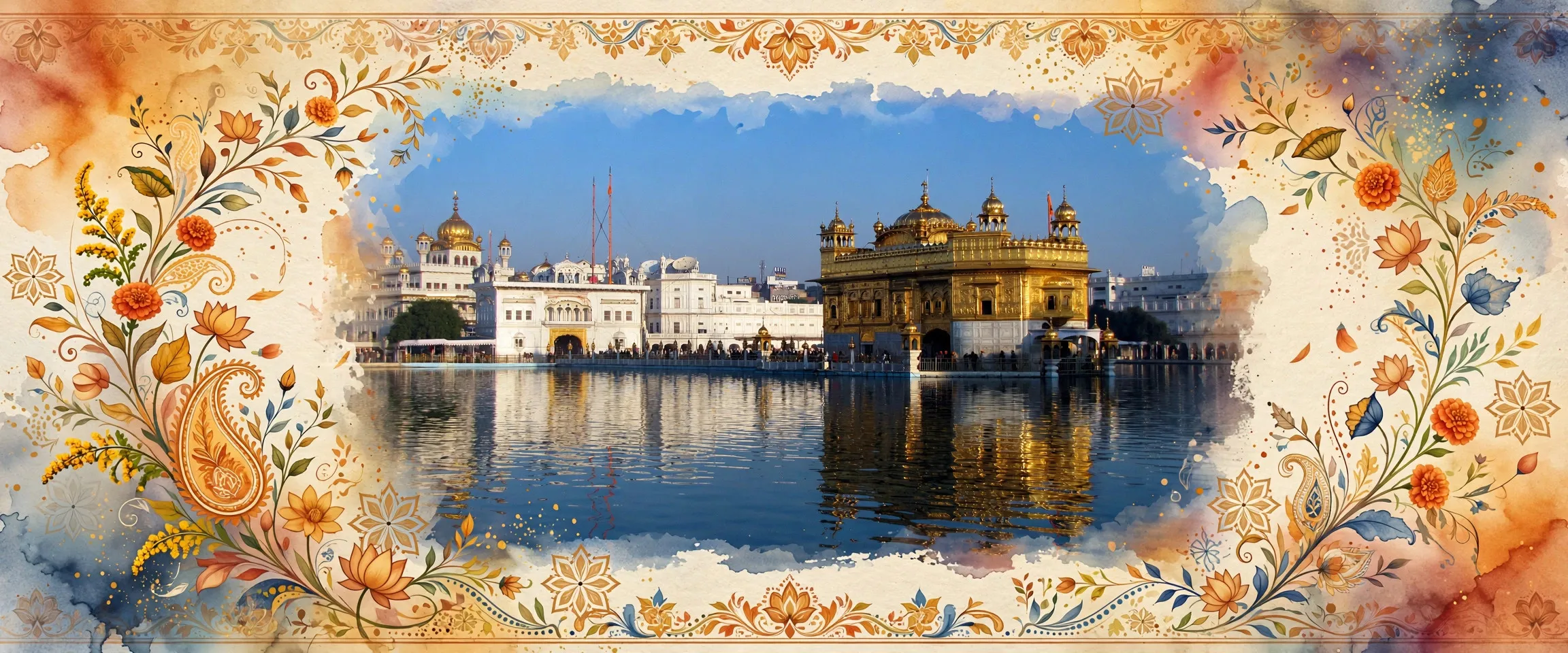 AI-generated editorial design for Jugti, incorporating original photograph of the Akal Takht and Harmandir Sahib, Amritsar by Jasleen Kaur (CC BY-SA 2.0)