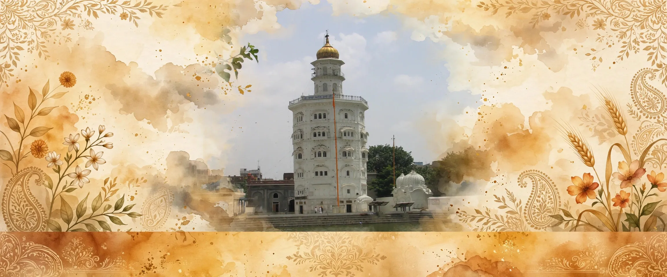 AI-generated editorial design for Jugti, incorporating original photograph of Gurdwara Baba Atal, Amritsar by Amarpreet.singh.in (CC BY-SA 3.0)