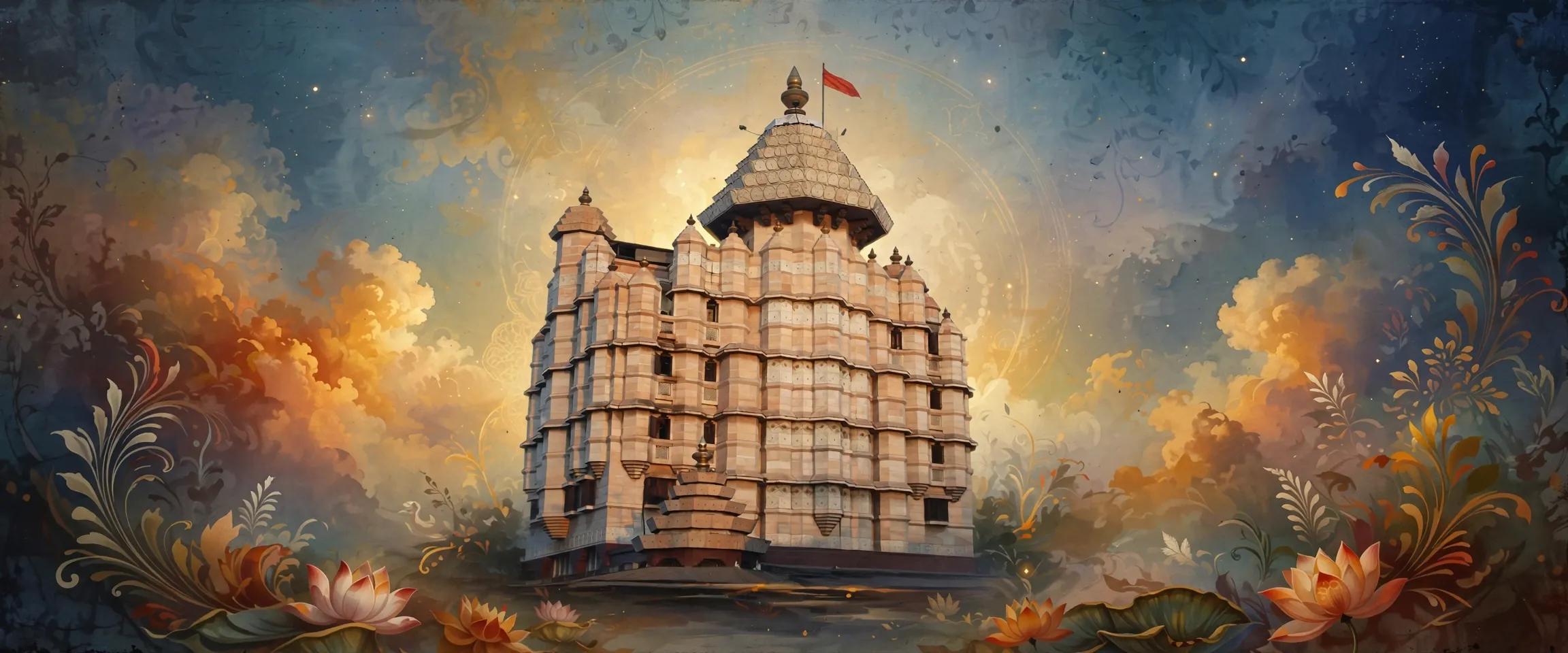 AI-generated editorial design for Jugti, incorporating original photograph of Shree Siddhivinayak Mandir by L1CENSET0K1LL (public domain)