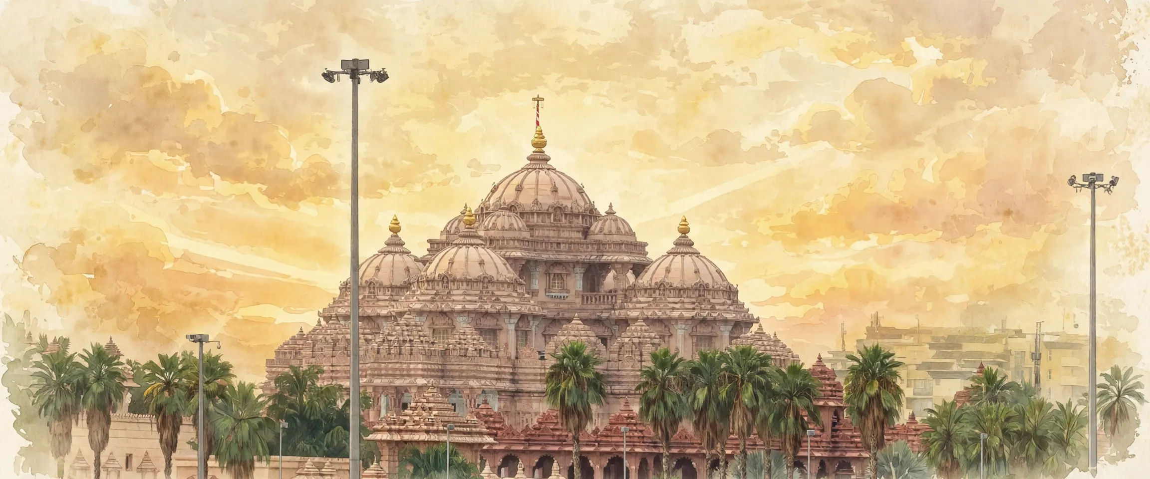 AI-generated editorial design for Jugti, incorporating original photograph of Akshardham, Delhi by Vinayaraj (CC BY-SA 4.0)
