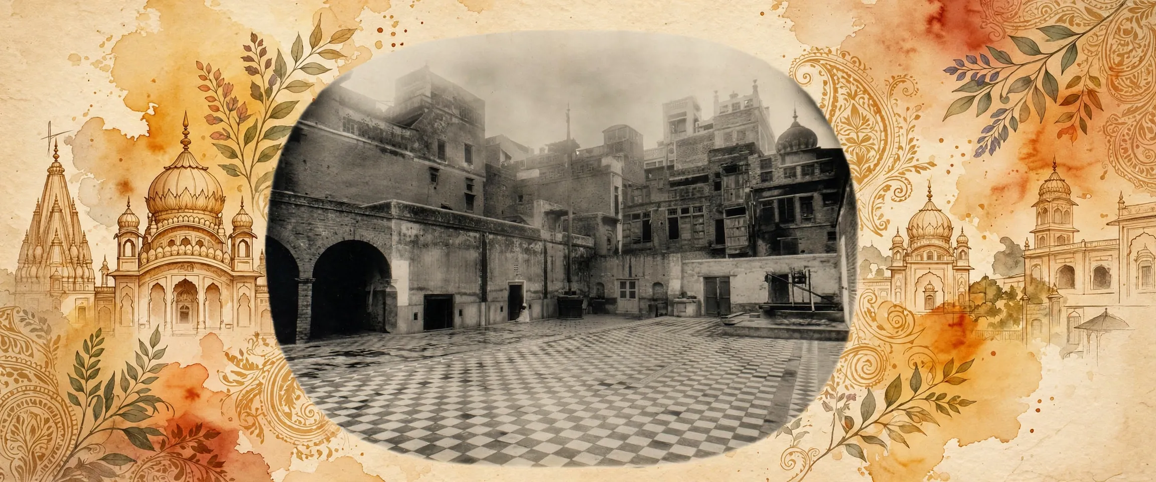AI-generated editorial design for Jugti, incorporating original photograph of Gurdwara Guru ke Mahal, Amritsar by unknown photographer (public domain)