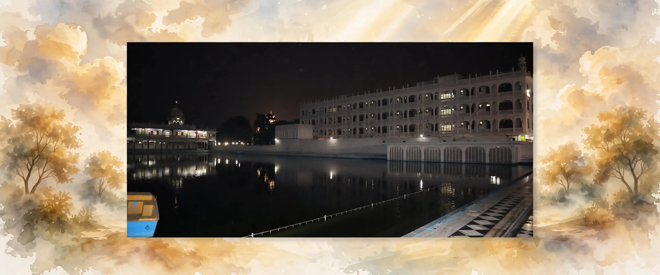 AI-generated editorial design for Jugti, incorporating original photograph of Kaulsar Sarovar, Amritsar by MaplesyrupSushi (CC BY-SA 4.0)