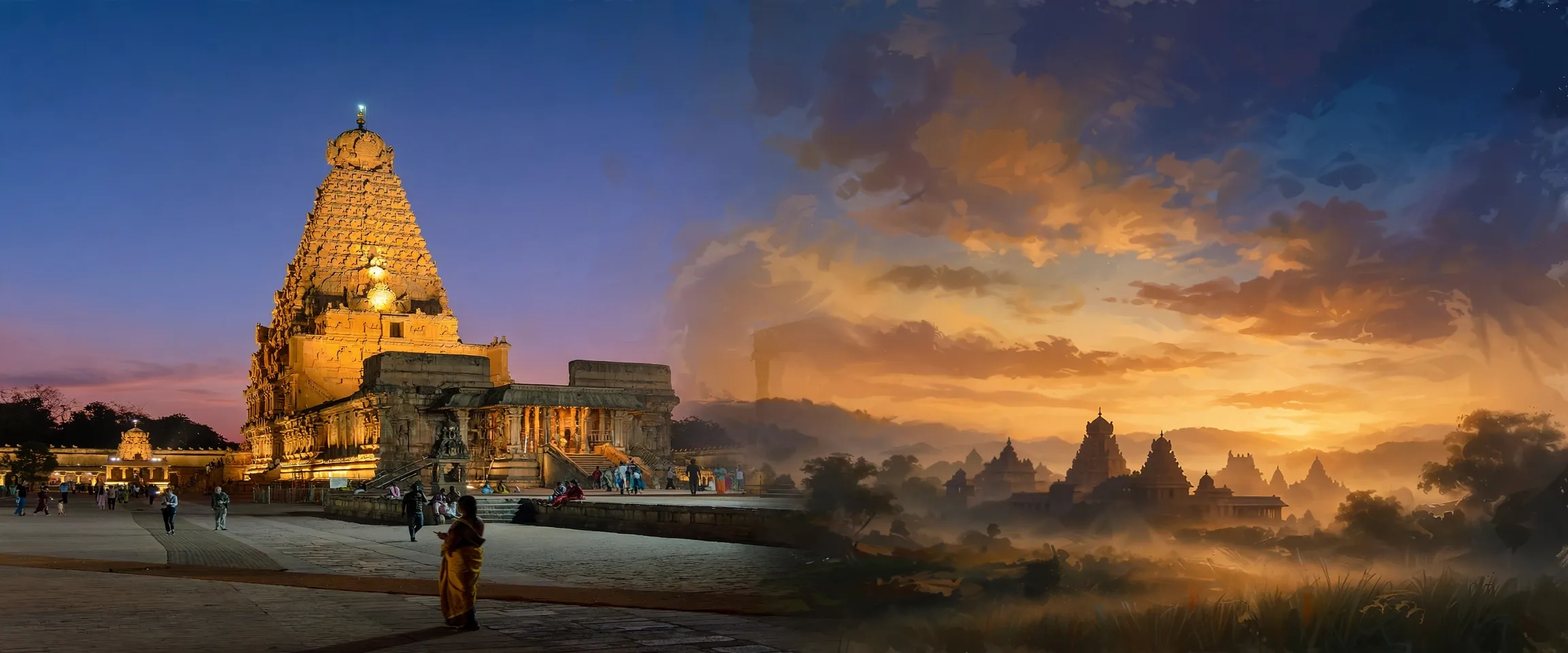 AI-generated editorial design for Jugti, incorporating original photograph of the Brihadeeswara Temple, Thanjavur by Rainer Halama (CC BY-SA 4.0)