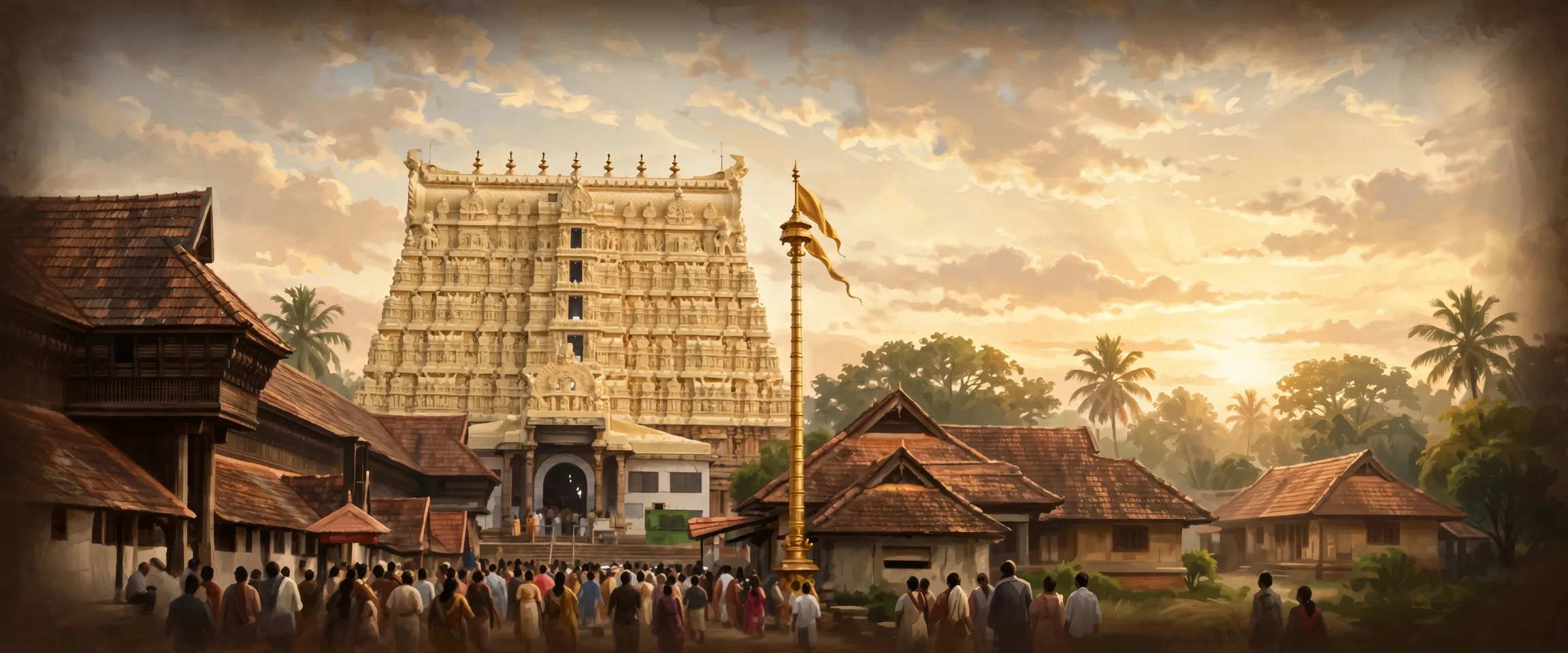 AI-generated editorial design for Jugti, incorporating original photograph of Sree Padmanabhaswamy Temple by Shishirdasika (CC BY-SA 4.0)