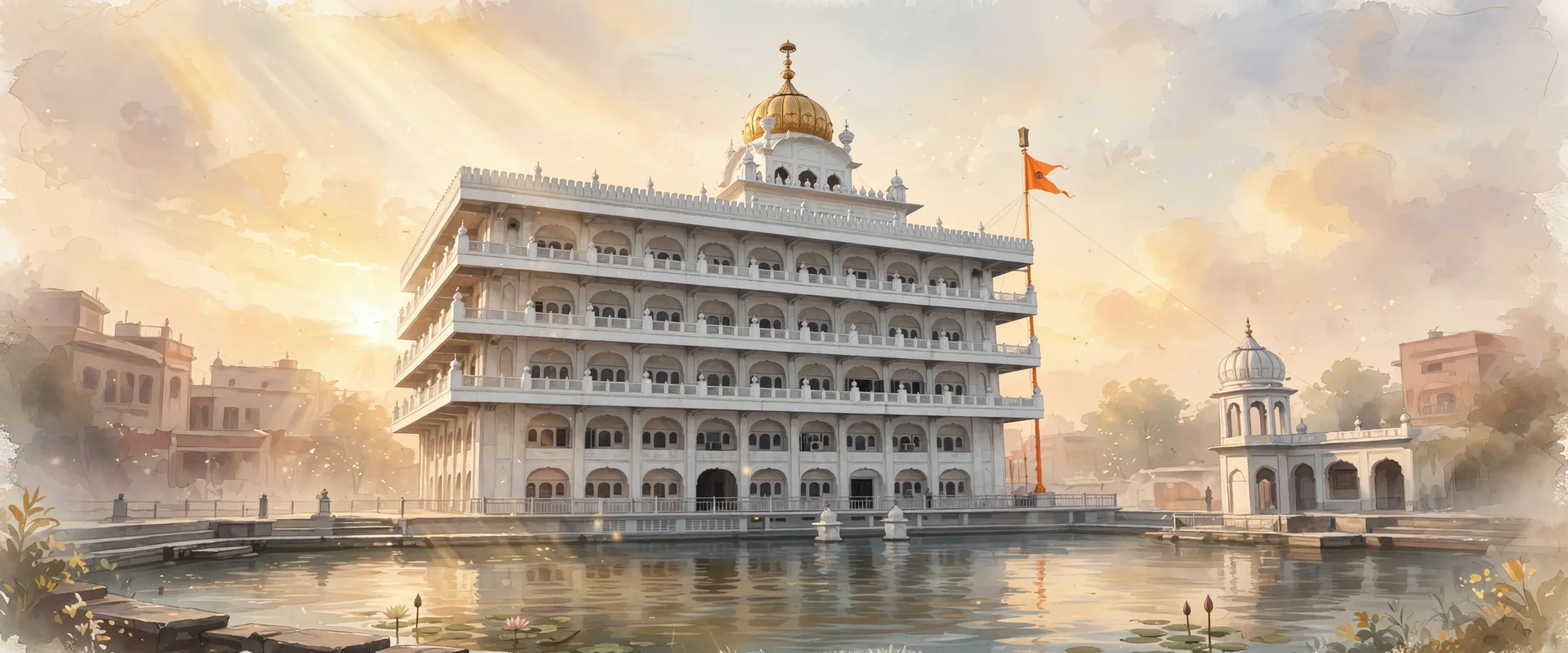 AI-generated editorial design for Jugti, incorporating original photograph of Gurdwara Ramsar Sahib complex, Amritsar, by Diego Delso (CC BY-SA 4.0)