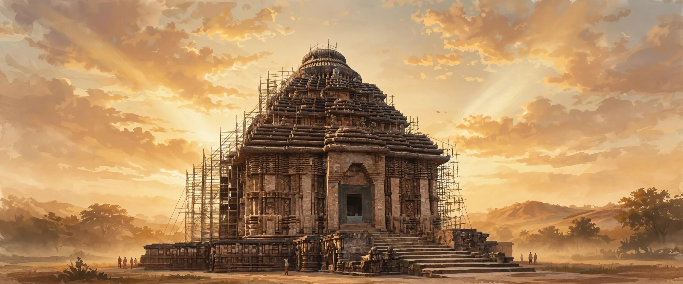 AI-generated editorial design for Jugti, incorporating original photograph of the Konark Sun Temple by Subhrajyoti07 (CC BY-SA 4.0)
