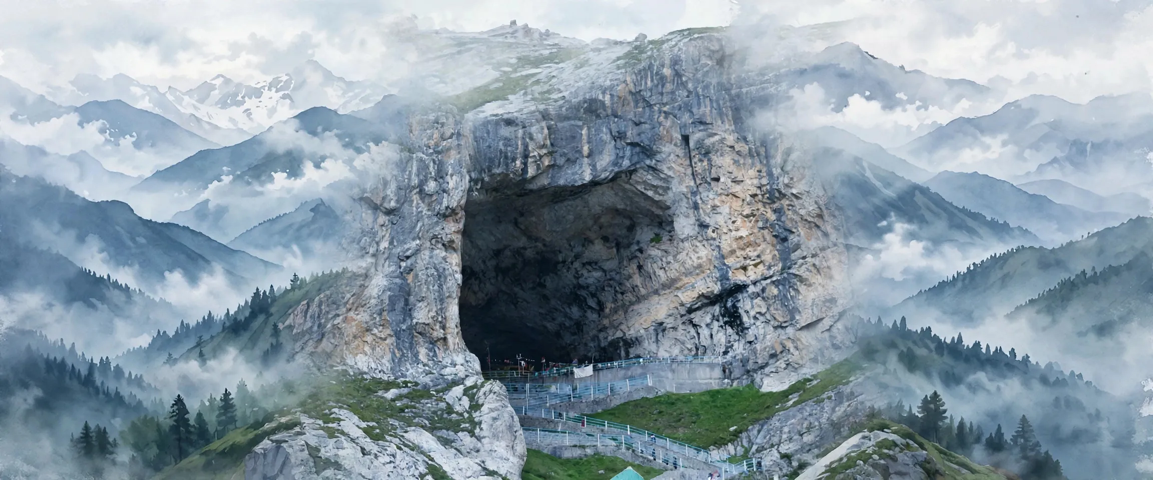 AI-generated editorial design for Jugti, incorporating original photograph of the Amarnath cave shrine by Praiseprayag (CC BY-SA 4.0)