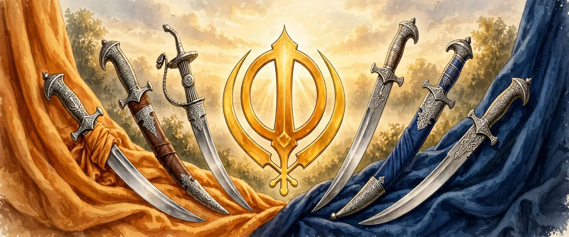 AI-generated editorial illustration for Jugti, evoking the Panj Piare: five kirpans with the Khanda emblem in saffron and blue