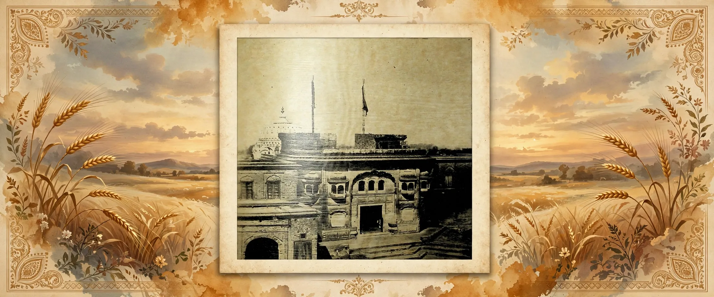 AI-generated editorial design for Jugti, incorporating original photograph of Gurdwara Sri Darbar Sahib, Khadur Sahib by Kahn Singh of Nabha (public domain, from Mahan Kosh, 1930)