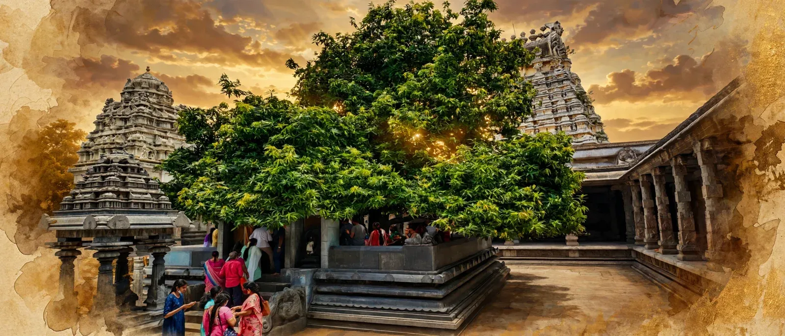 AI-generated editorial design for Jugti, incorporating original photograph of Ekambareswarar Temple, Kanchipuram by Luistxo (CC BY-SA 4.0)
