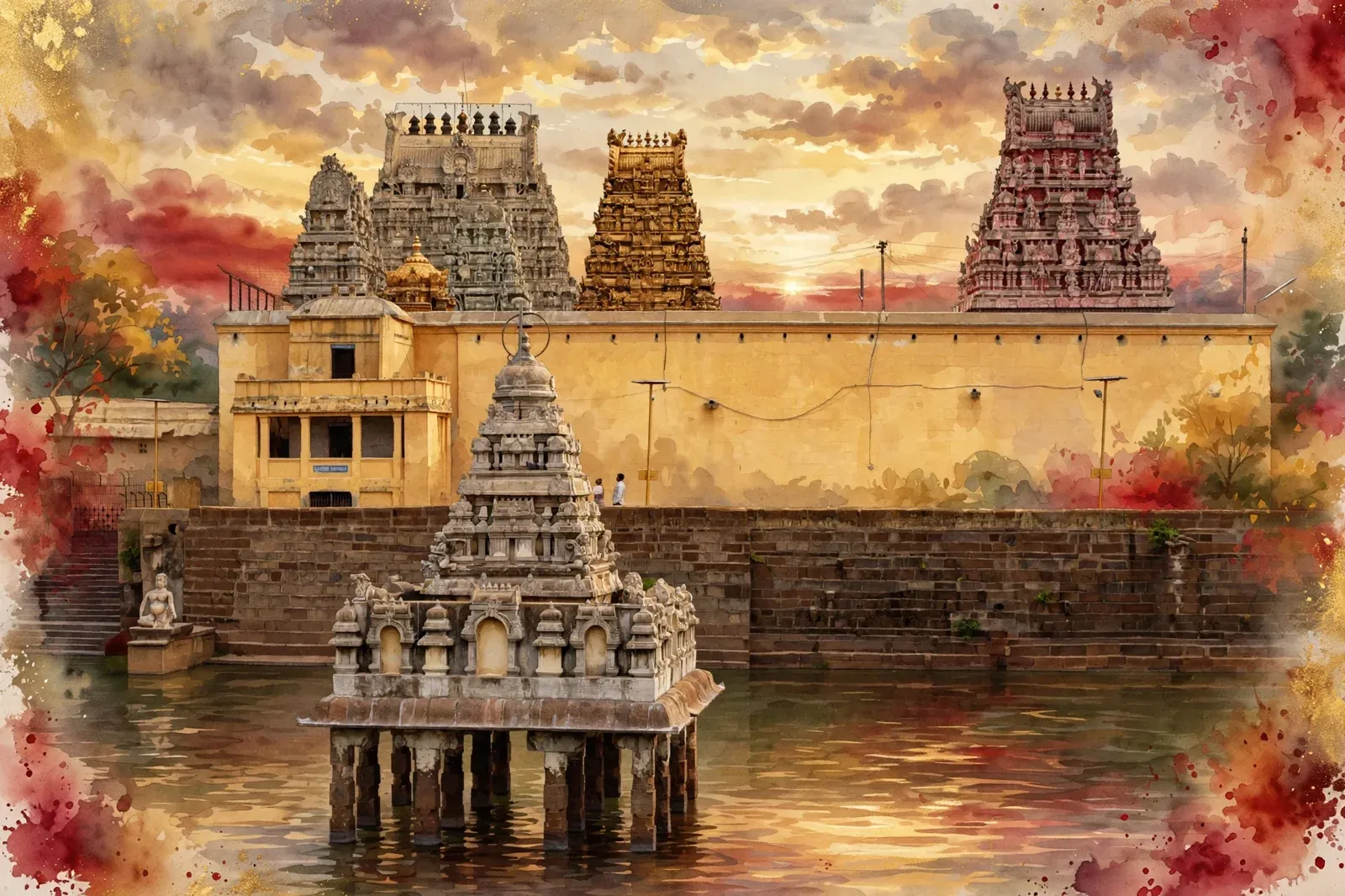 AI-generated editorial design for Jugti, incorporating original photograph of Kamakshi Amman Temple, Kanchipuram by Jbuchholz (CC BY-SA 4.0)