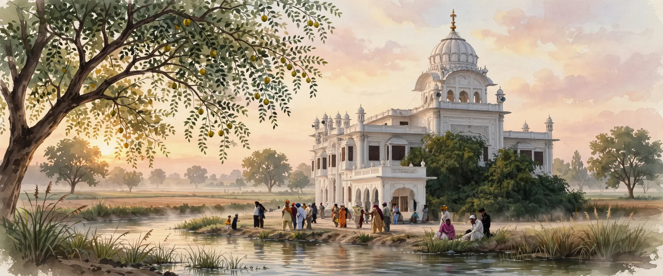 AI-generated editorial design for Jugti, incorporating original photograph of Gurdwara Ber Sahib, Sultanpur Lodhi by Jiwanjot (public domain)