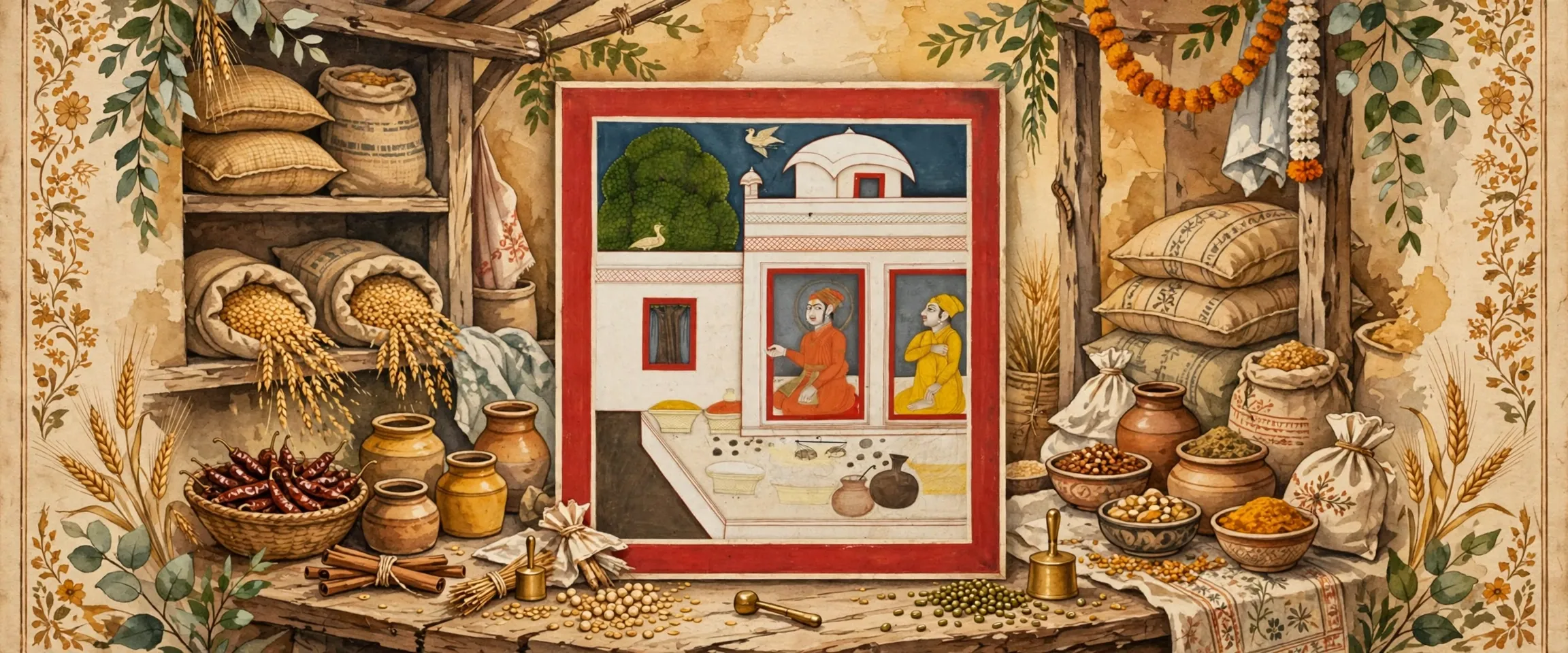 AI-generated editorial design for Jugti, incorporating original artwork of Guru Nanak at the Modikhana, Sultanpur Lodhi by unknown artist (public domain)