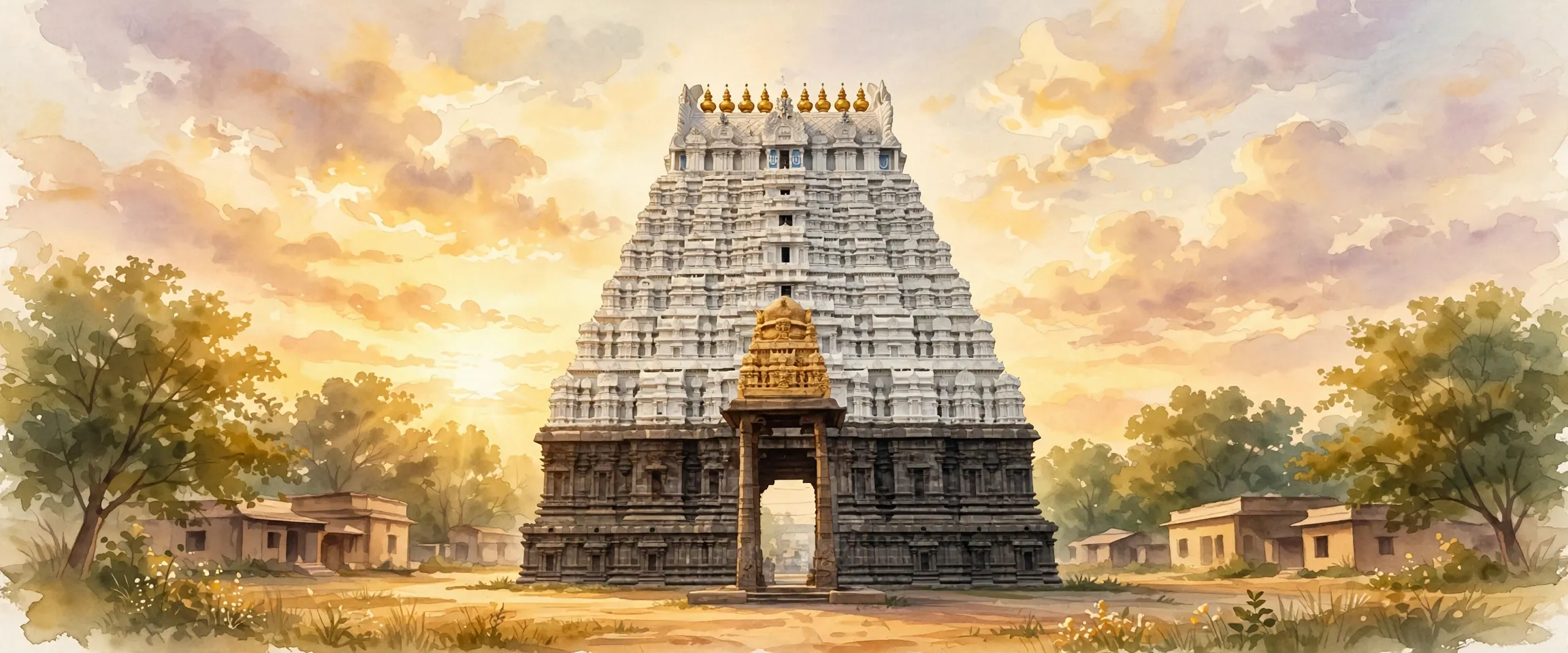 AI-generated editorial design for Jugti, incorporating original photograph of Varadharaja Perumal Temple, Kanchipuram by IM3847 (CC BY-SA 4.0)