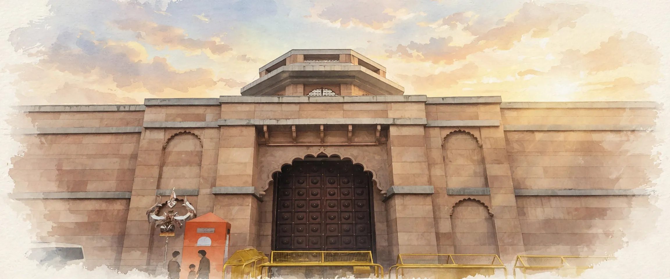 AI-generated editorial design for Jugti, incorporating original photograph of the Vishwanath Gate, Kashi Vishwanath Temple, Varanasi by Gannu03 (CC BY-SA 4.0)