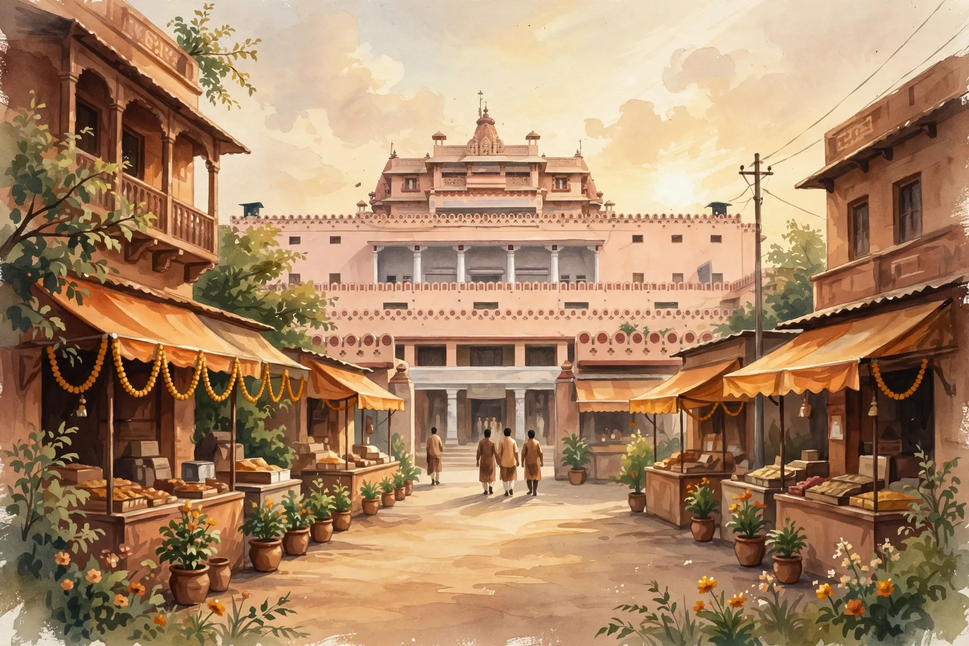AI-generated editorial design for Jugti, incorporating original photograph of Krishna Janmasthan Temple Complex, Mathura by Diego Delso (CC BY-SA 4.0)