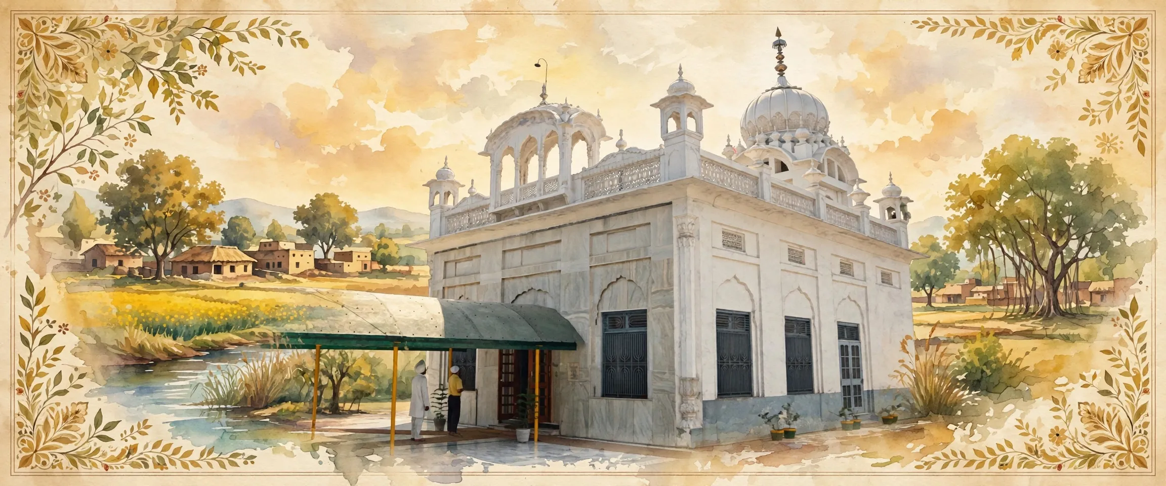AI-generated editorial design for Jugti, incorporating original photograph of Gurdwara Guru Ka Bagh, Sultanpur Lodhi by Jiwanjot (public domain)