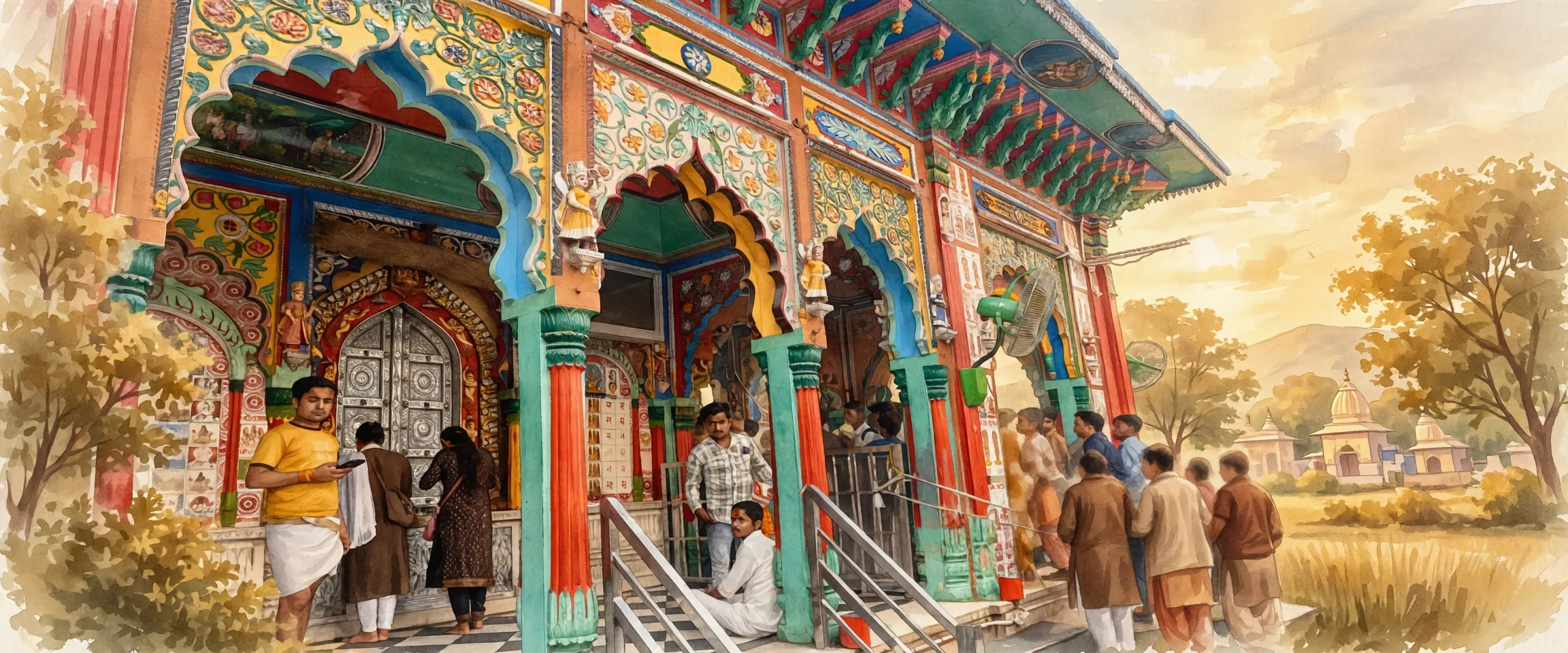 AI-generated editorial design for Jugti, incorporating original photograph of Hanuman Garhi Temple, Ayodhya by Immanuelle (CC BY 4.0)