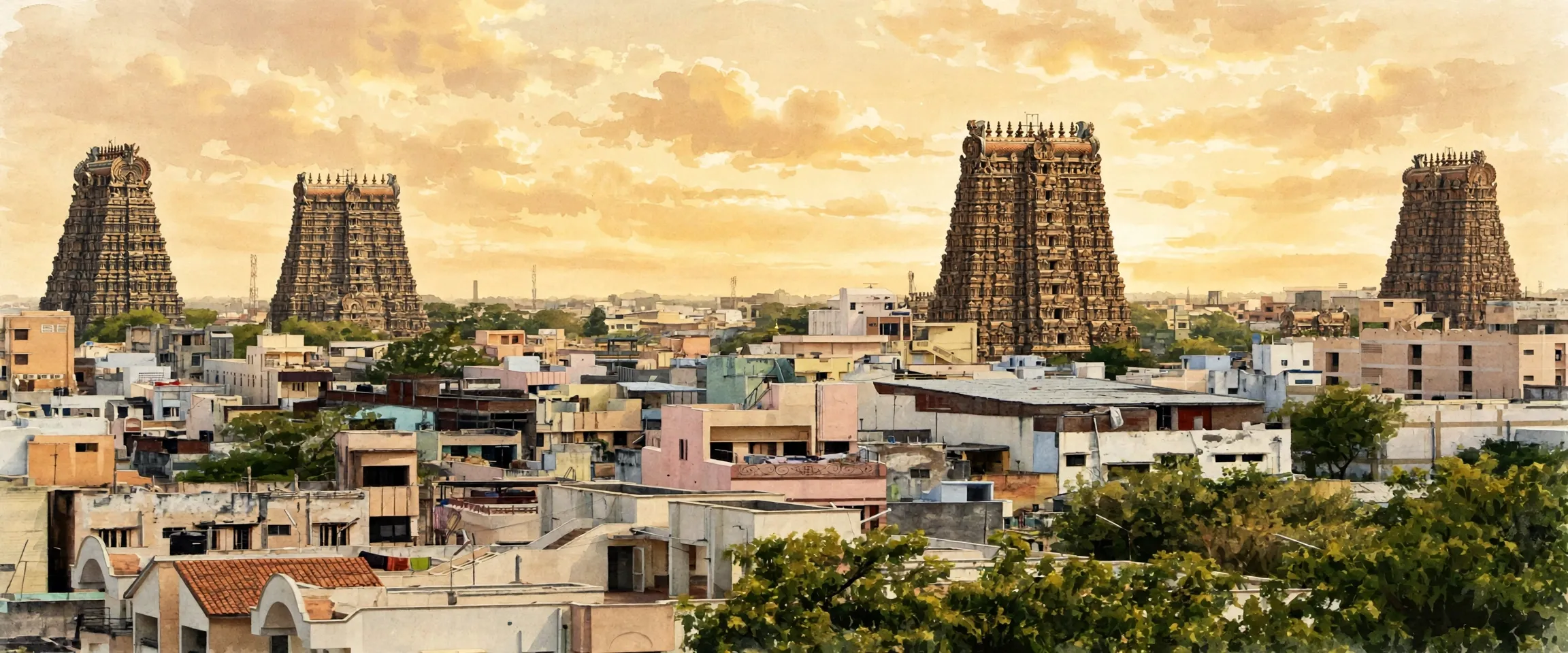AI-generated editorial design for Jugti, incorporating original photograph of the Meenakshi Temple gopurams over Madurai by Bernard Gagnon (CC BY-SA 3.0)