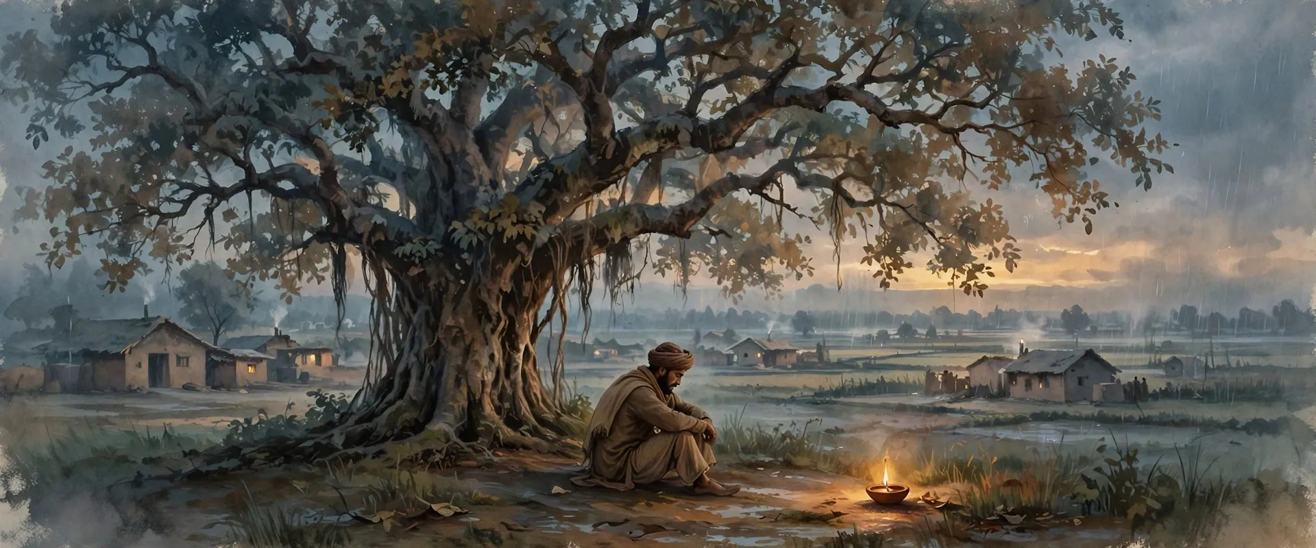 AI-generated illustration for Jugti: a lone figure under a large tree at dusk in a Punjabi village, with a small lamp glowing nearby