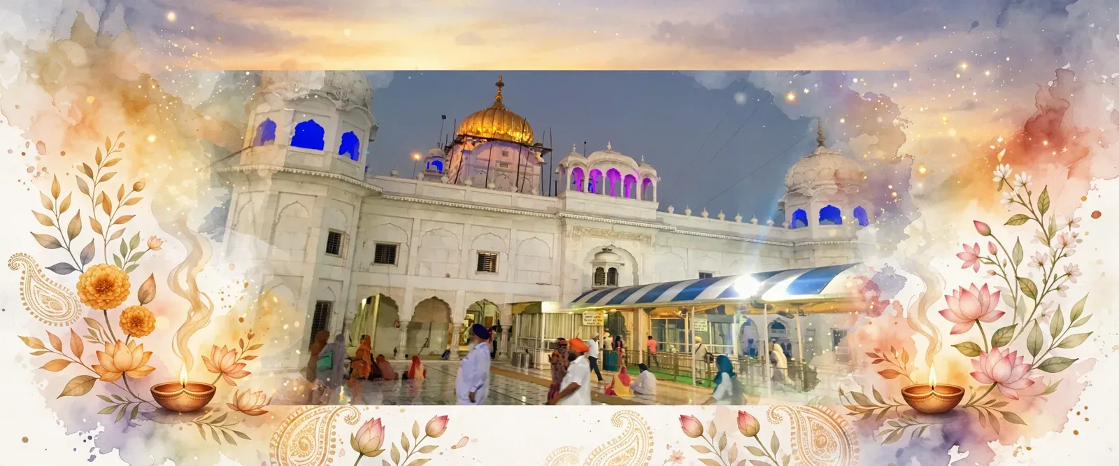 AI-generated editorial design for Jugti, incorporating original photograph of Gurdwara Dukh Nivaran Sahib, Patiala by Rimanshugoel (CC BY-SA 4.0)