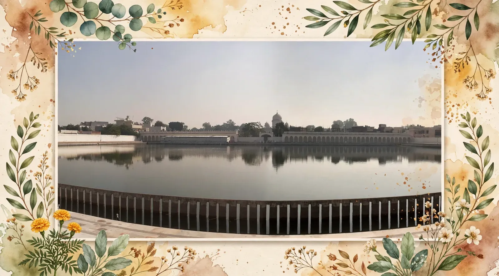 AI-generated editorial design for Jugti, incorporating original photograph of the sarovar of Gurdwara Moti Bagh Sahib, Patiala by Ssriram mt (CC BY-SA 4.0)