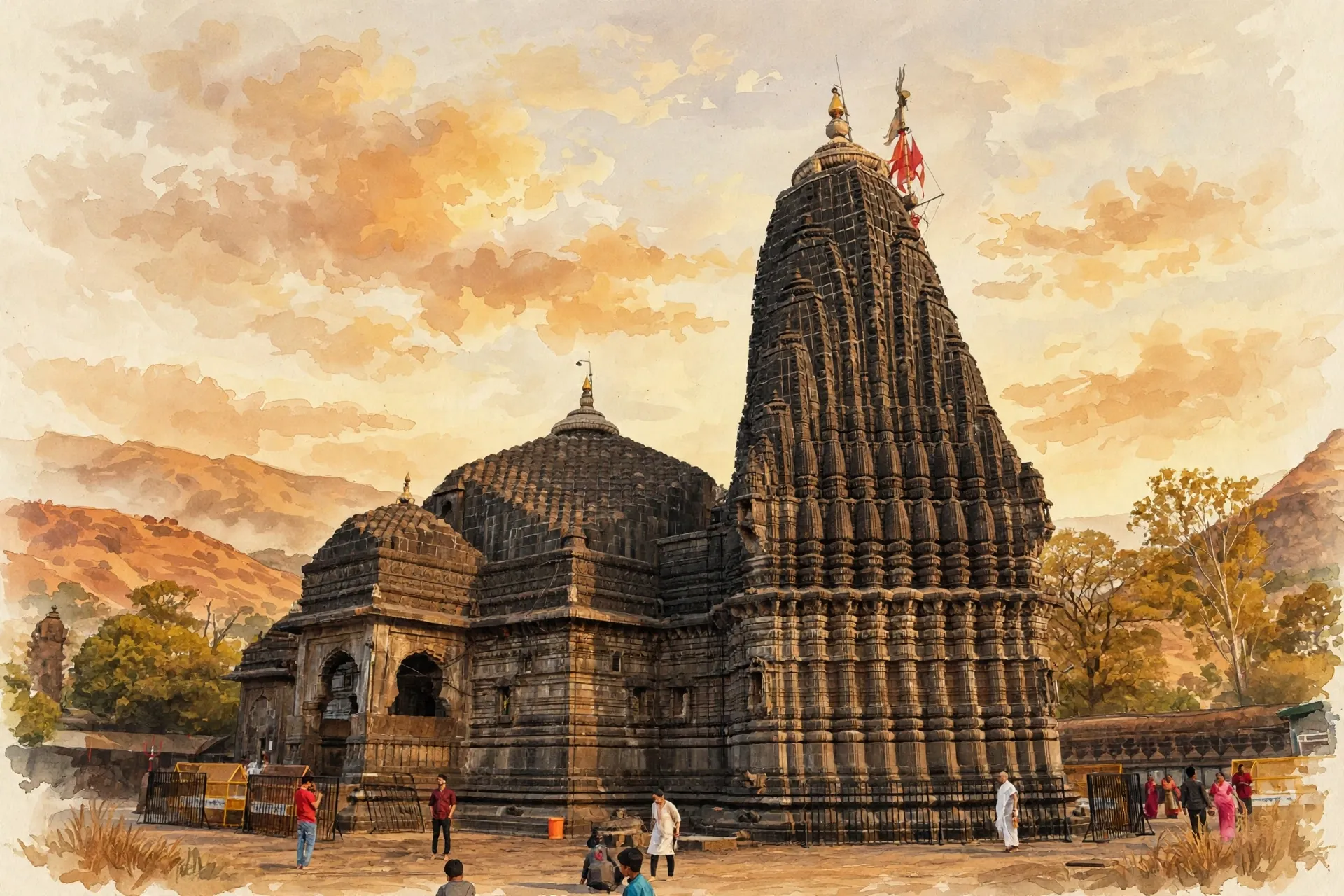 AI-generated editorial design for Jugti, incorporating original photograph of Trimbakeshwar Temple, Nashik by Abhideo21 (CC BY-SA 4.0)