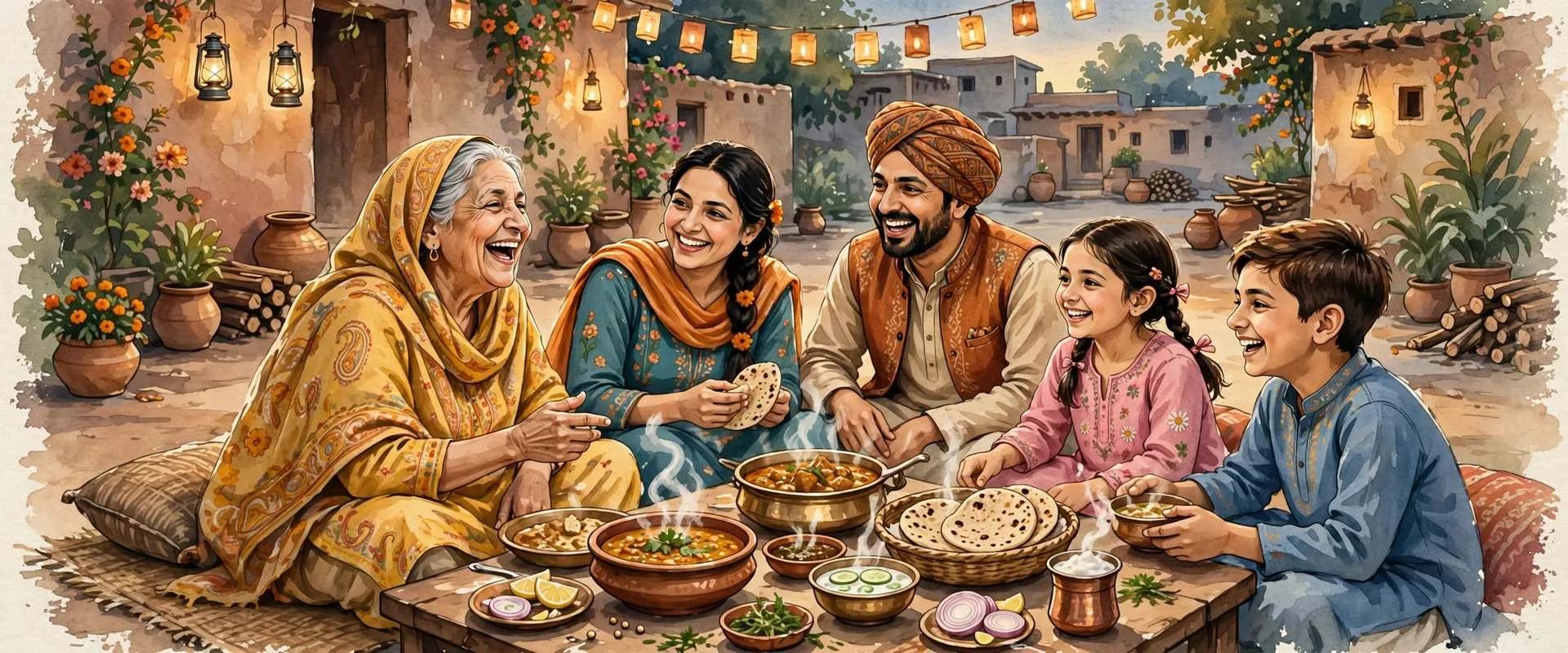 AI-generated illustration for Jugti: a Punjabi family laughing over a shared meal, for the word munh (mouth)