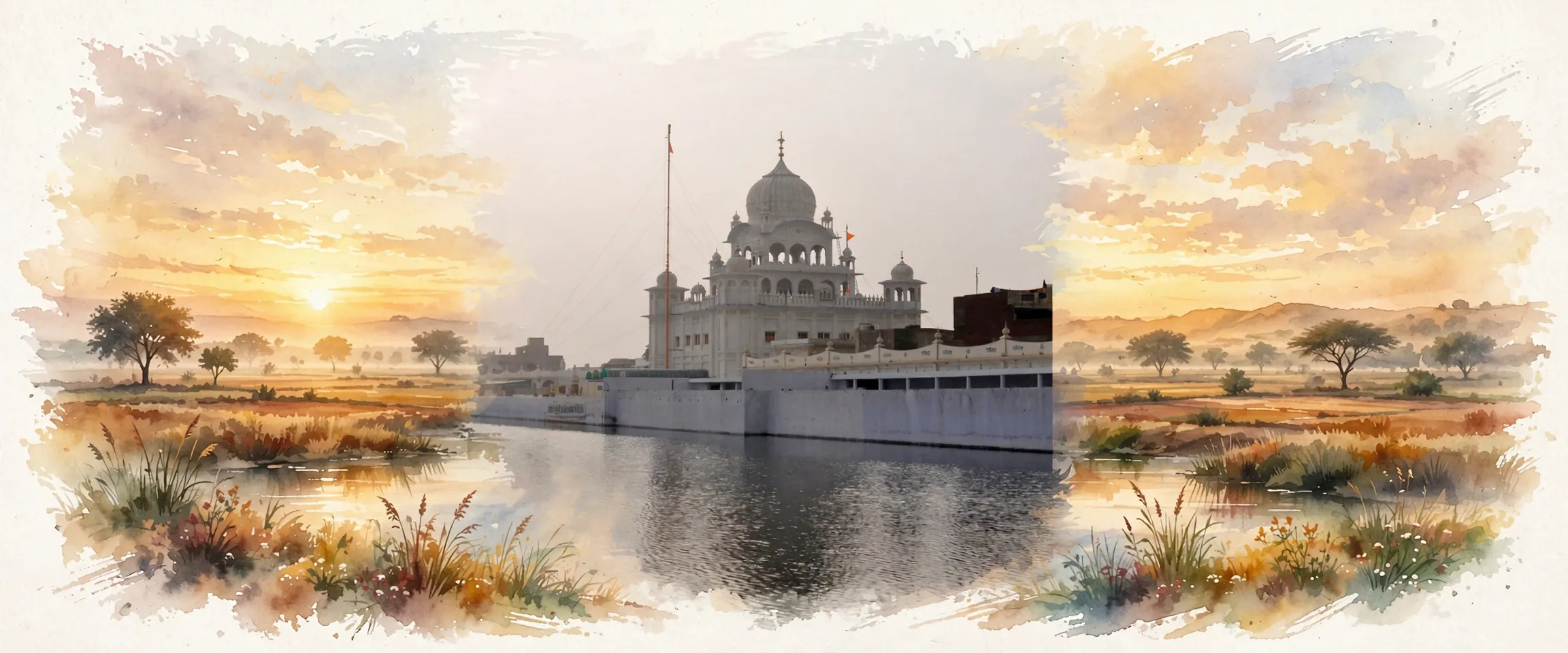 AI-generated editorial design for Jugti, incorporating original photograph of Gurdwara Tuti Gandi Sahib, Sri Muktsar Sahib by Jasleen Kaur (CC BY-SA 2.0)