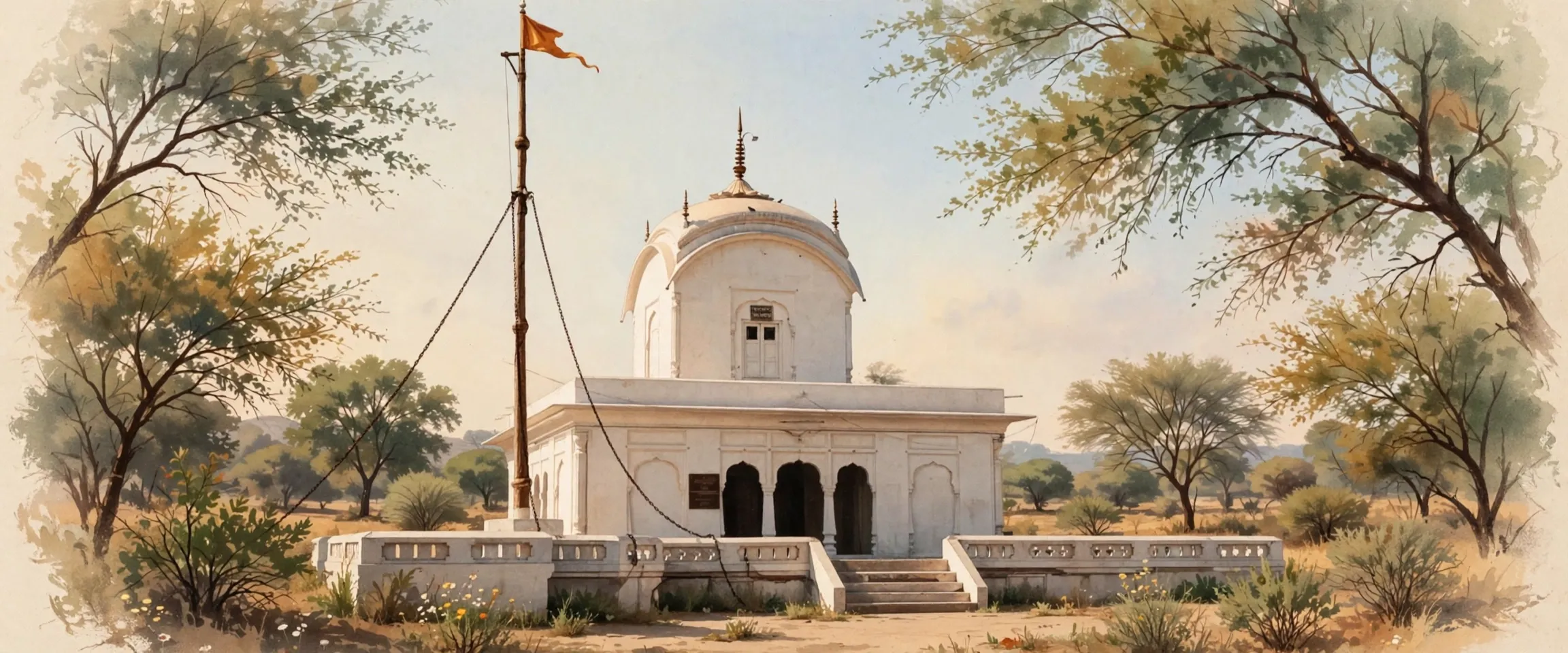 AI-generated editorial design for Jugti, incorporating original photograph of Gurdwara Tambu Sahib, Sri Muktsar Sahib, ca. 1934, by an unknown photographer (public domain)