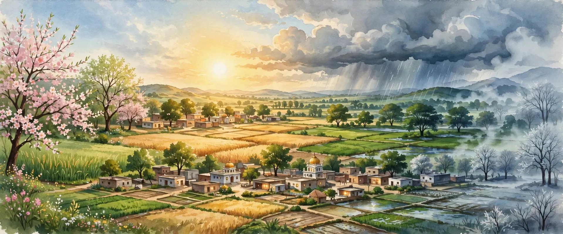 Painterly illustration of a Punjab village landscape showing changing seasons and weather