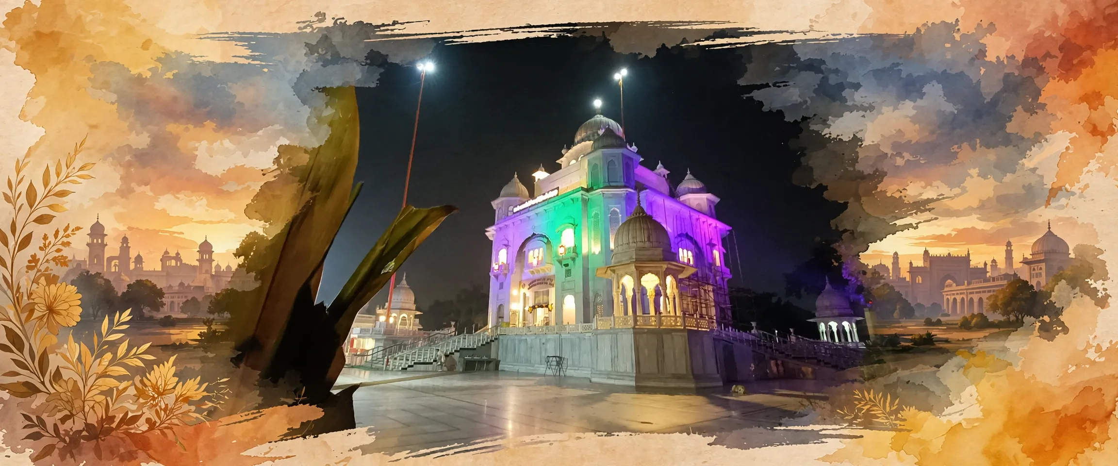 AI-generated editorial design for Jugti, incorporating original photograph of Gurdwara Rakab Ganj Sahib, New Delhi by Historiansimar (CC BY-SA 4.0)