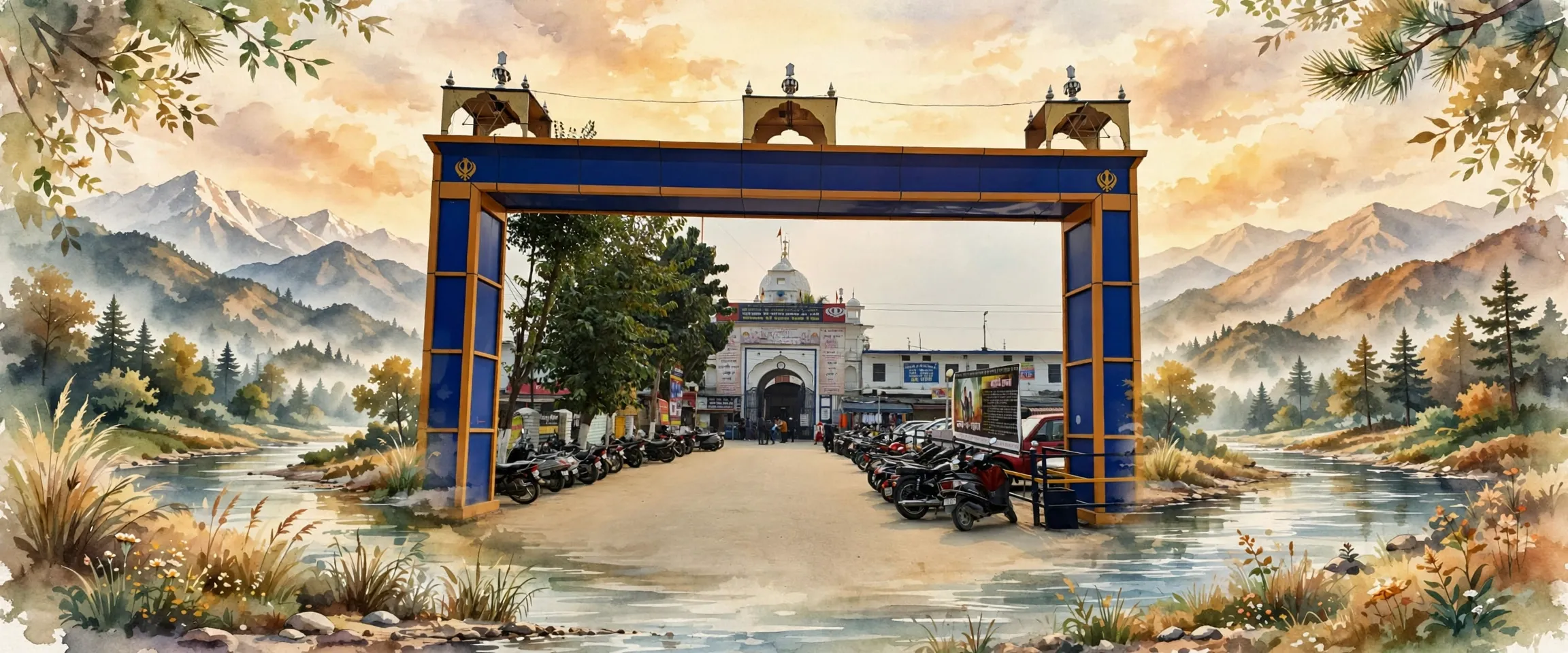 AI-generated editorial design for Jugti, incorporating original photograph of Gurdwara Paonta Sahib by Sukh1810 (CC BY-SA 4.0)